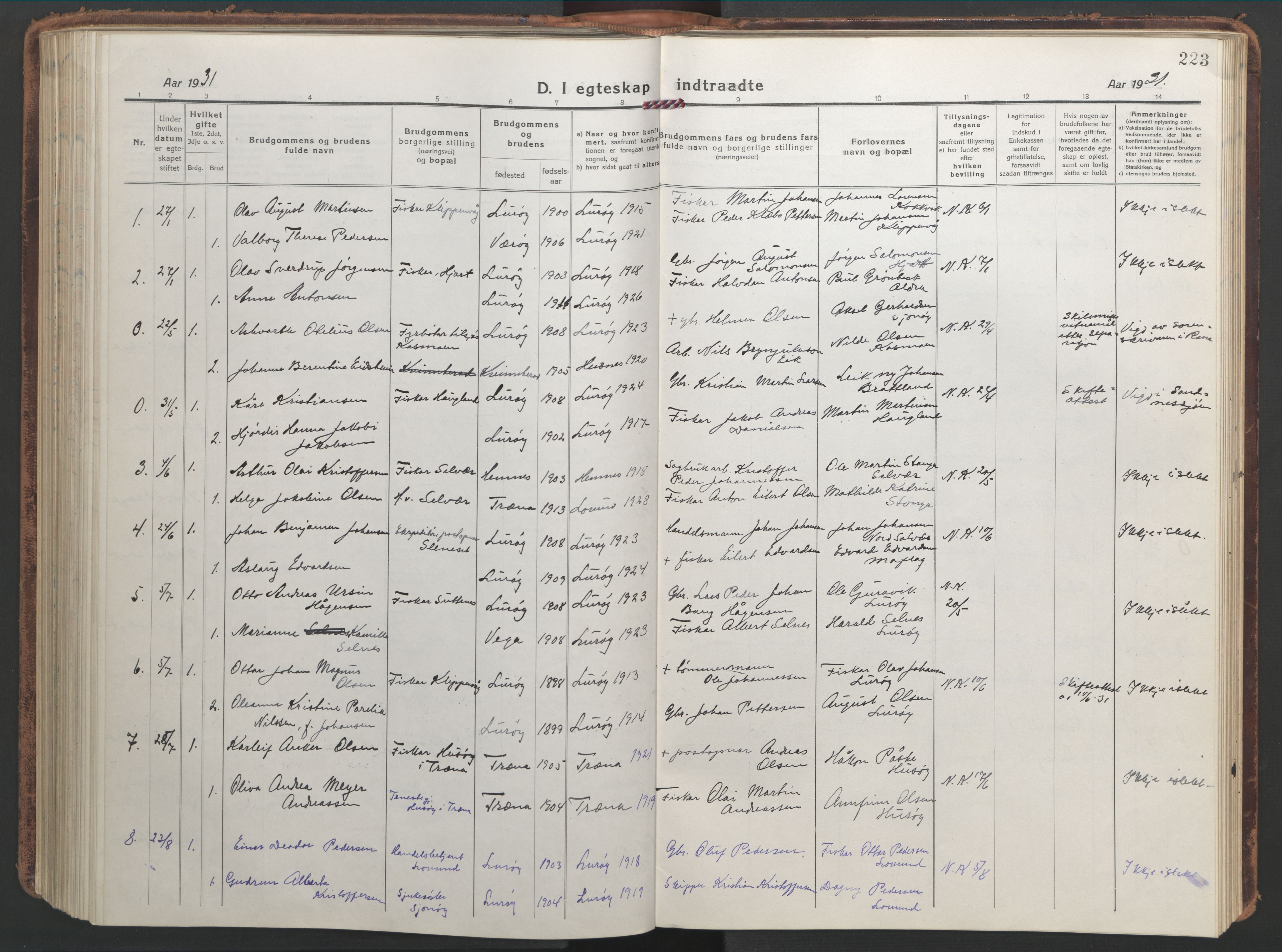 Ministerialprotokoller, klokkerbøker og fødselsregistre - Nordland, AV/SAT-A-1459/839/L0574: Parish register (copy) no. 839C04, 1918-1950, p. 223