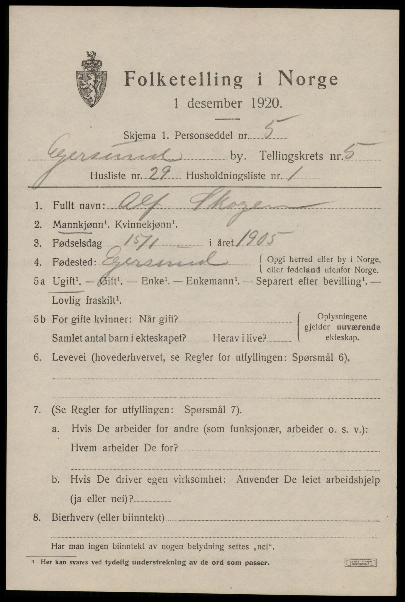 SAST, 1920 census for Egersund town, 1920, p. 8424