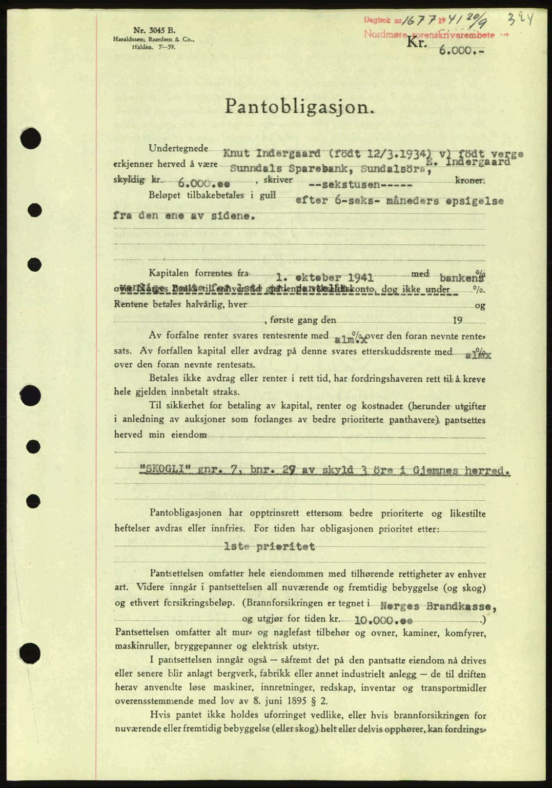 Nordmøre sorenskriveri, AV/SAT-A-4132/1/2/2Ca: Mortgage book no. B88, 1941-1942, Diary no: : 1677/1941