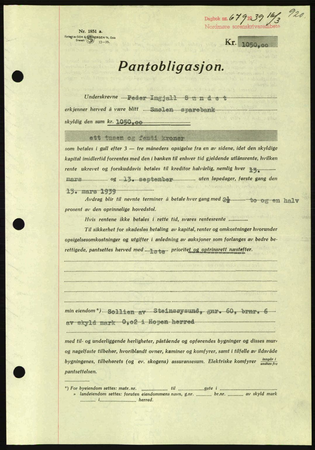 Nordmøre sorenskriveri, SAT/A-4132/1/2/2Ca: Mortgage book no. B84, 1938-1939, Diary no: : 679/1939