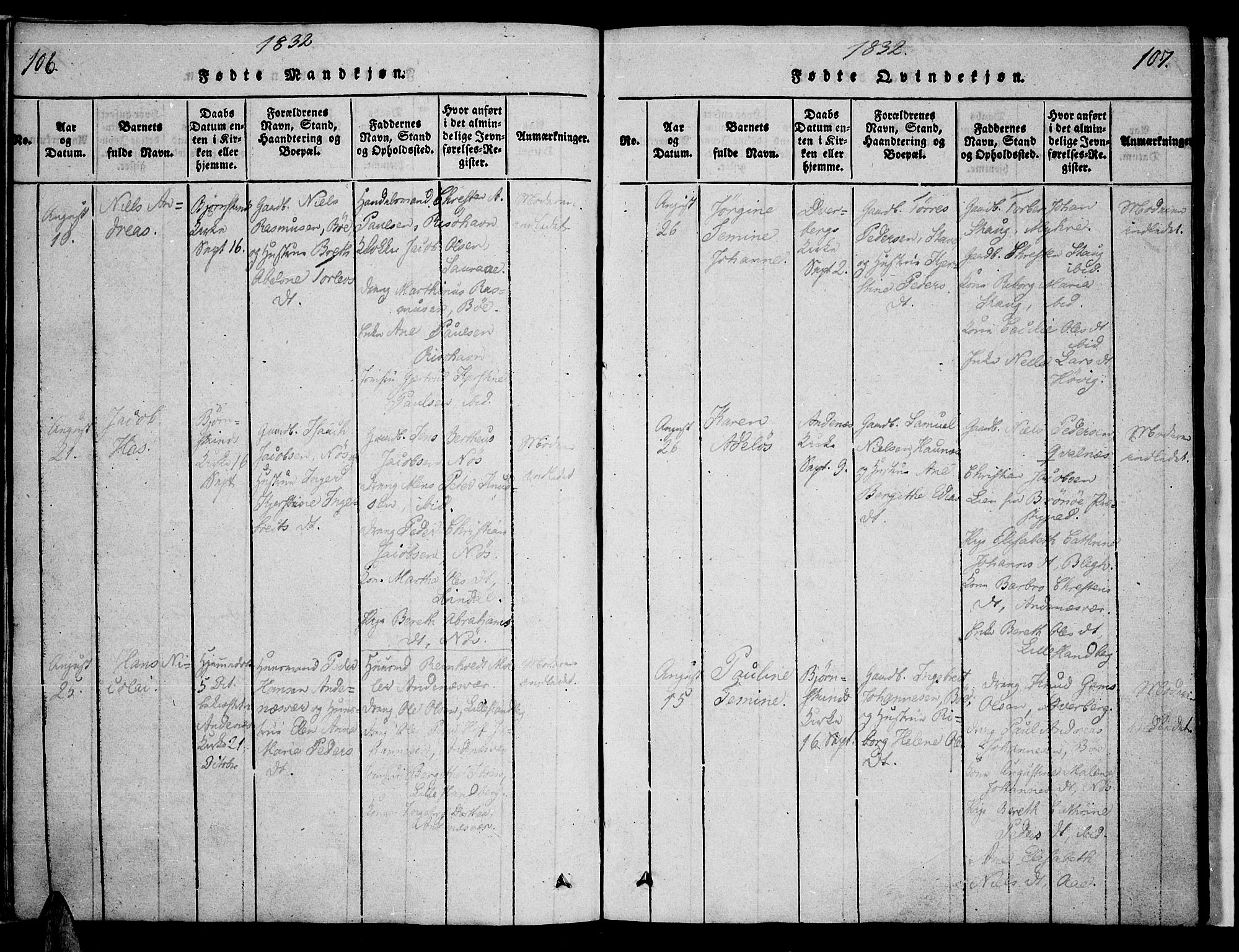 Ministerialprotokoller, klokkerbøker og fødselsregistre - Nordland, AV/SAT-A-1459/897/L1395: Parish register (official) no. 897A03, 1820-1841, p. 106-107