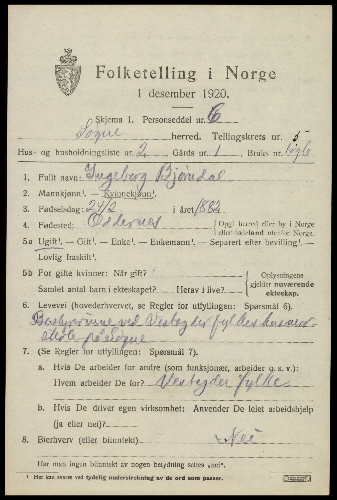 SAK, 1920 census for Søgne, 1920, p. 2191