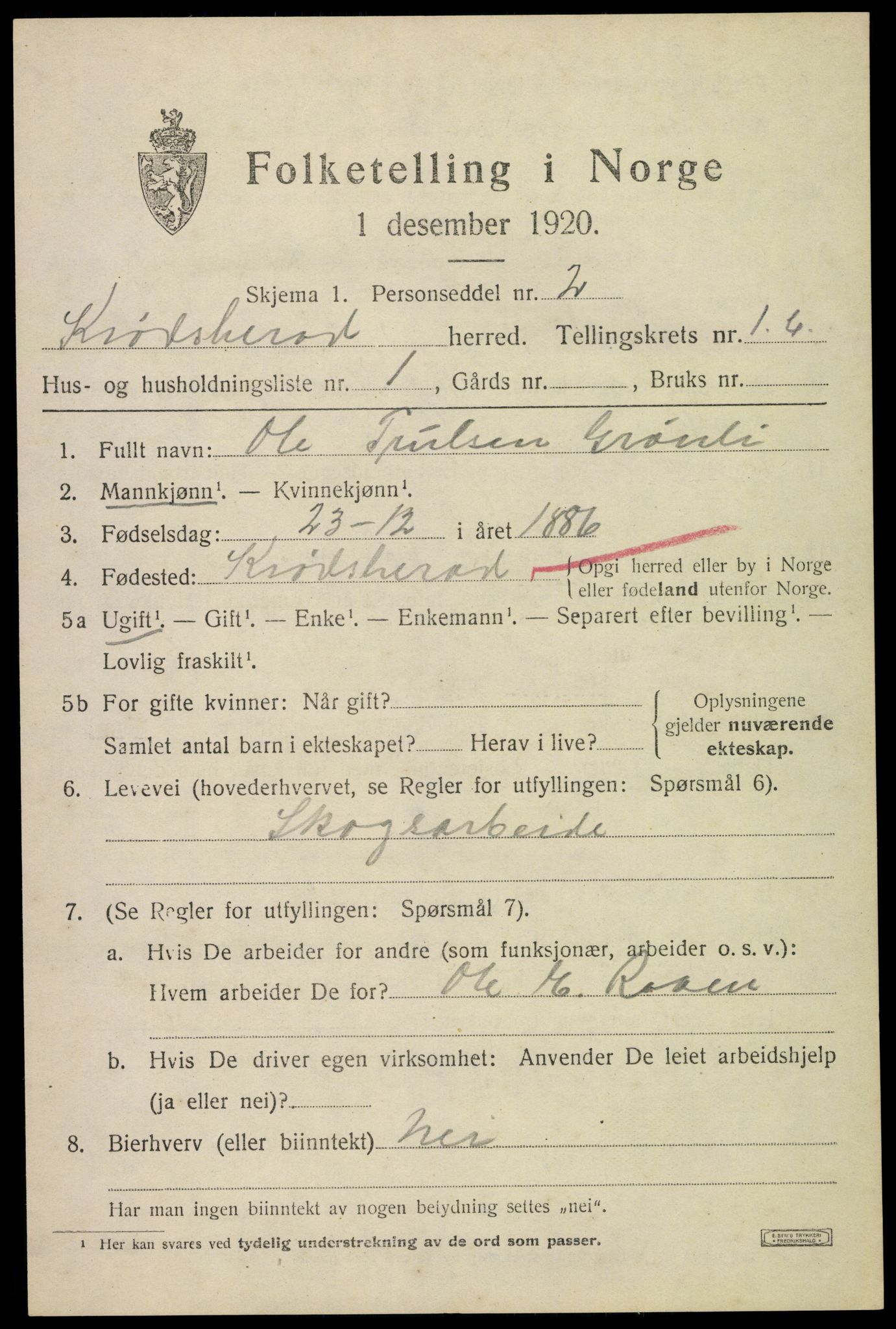 SAKO, 1920 census for Krødsherad, 1920, p. 2377