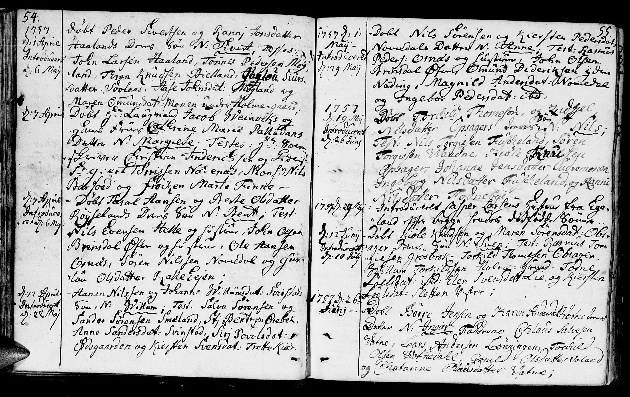 Holum sokneprestkontor, SAK/1111-0022/F/Fa/Faa/L0002: Parish register (official) no. A 2, 1756-1780, p. 54-55