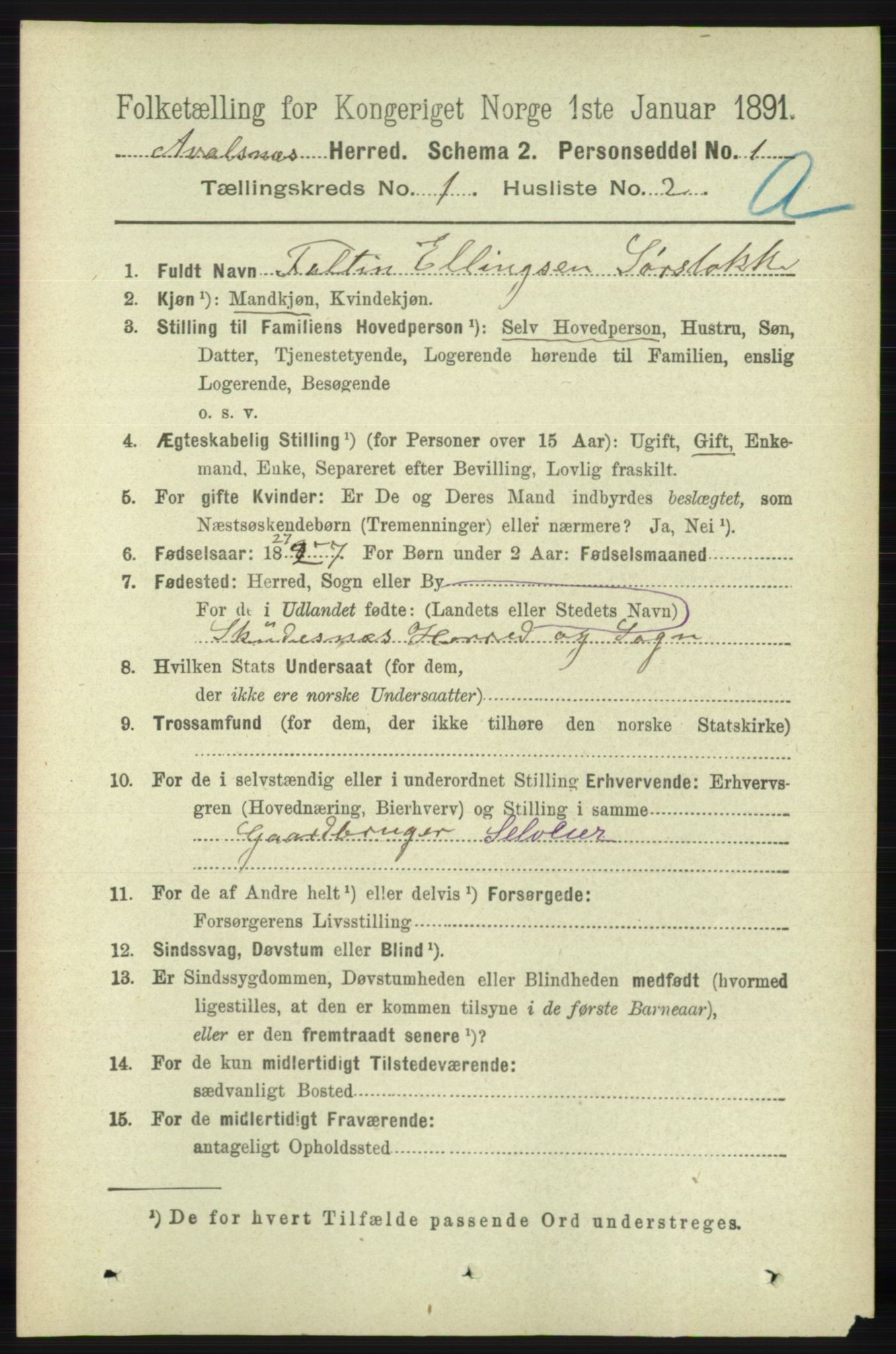 RA, 1891 census for 1147 Avaldsnes, 1891, p. 174