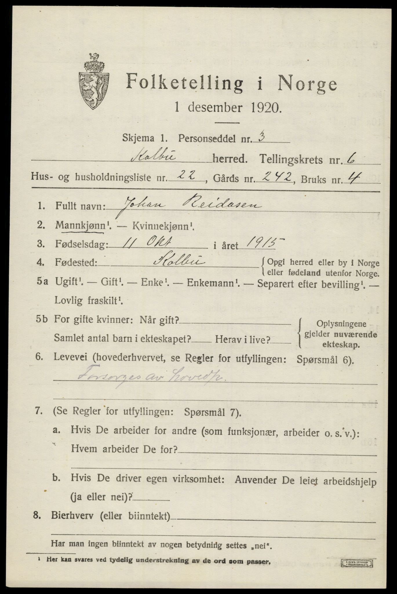 SAH, 1920 census for Kolbu, 1920, p. 4634