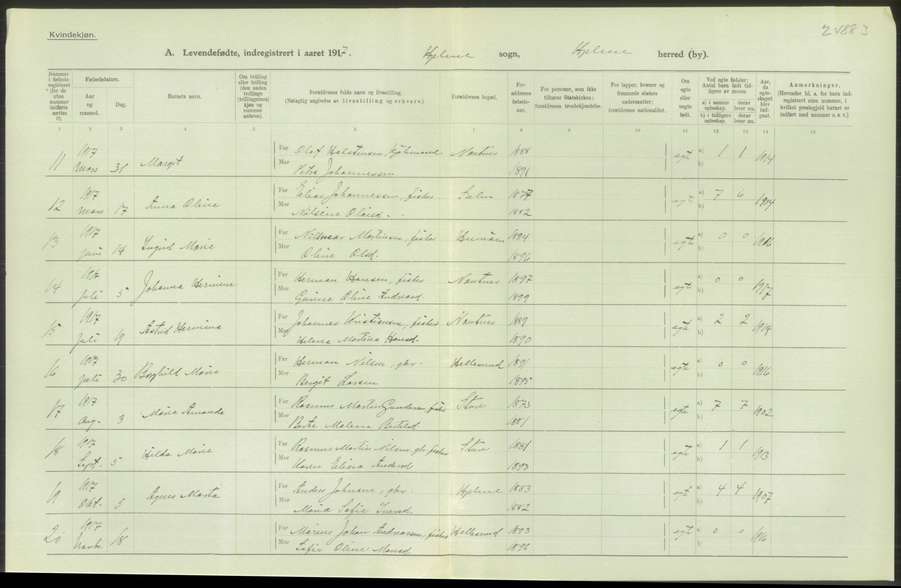 Statistisk sentralbyrå, Sosiodemografiske emner, Befolkning, RA/S-2228/D/Df/Dfb/Dfbg/L0034: S. Bergenhus amt: Levendefødte menn og kvinner. Bygder., 1917, p. 106