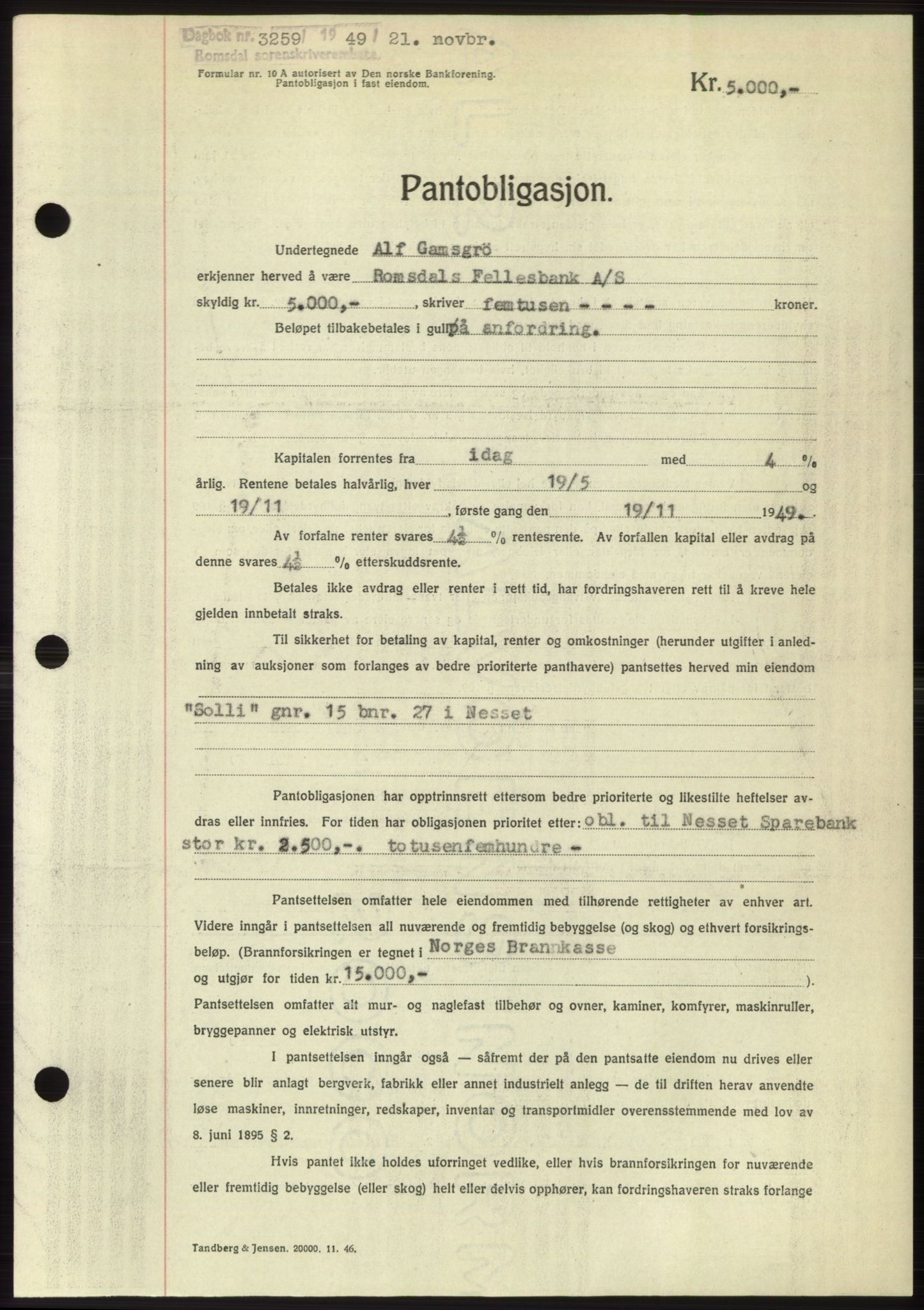 Romsdal sorenskriveri, AV/SAT-A-4149/1/2/2C: Mortgage book no. B5, 1949-1950, Diary no: : 3259/1949