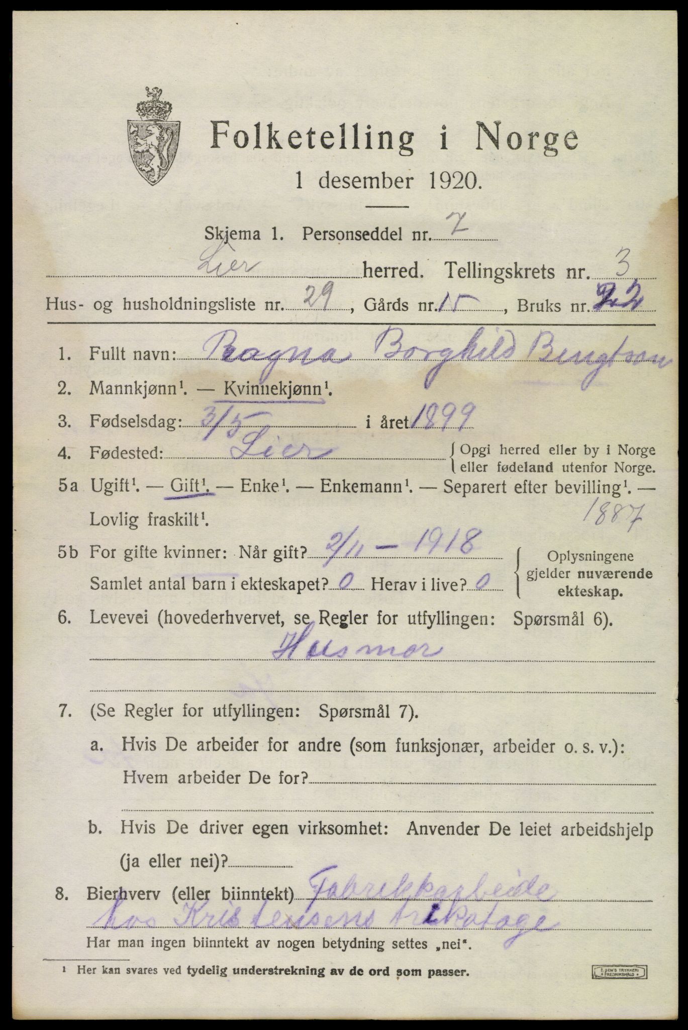 SAKO, 1920 census for Lier, 1920, p. 6430