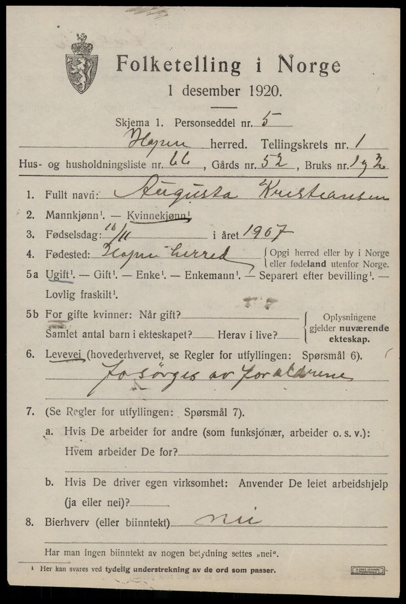 SAT, 1920 census for Hopen, 1920, p. 1266