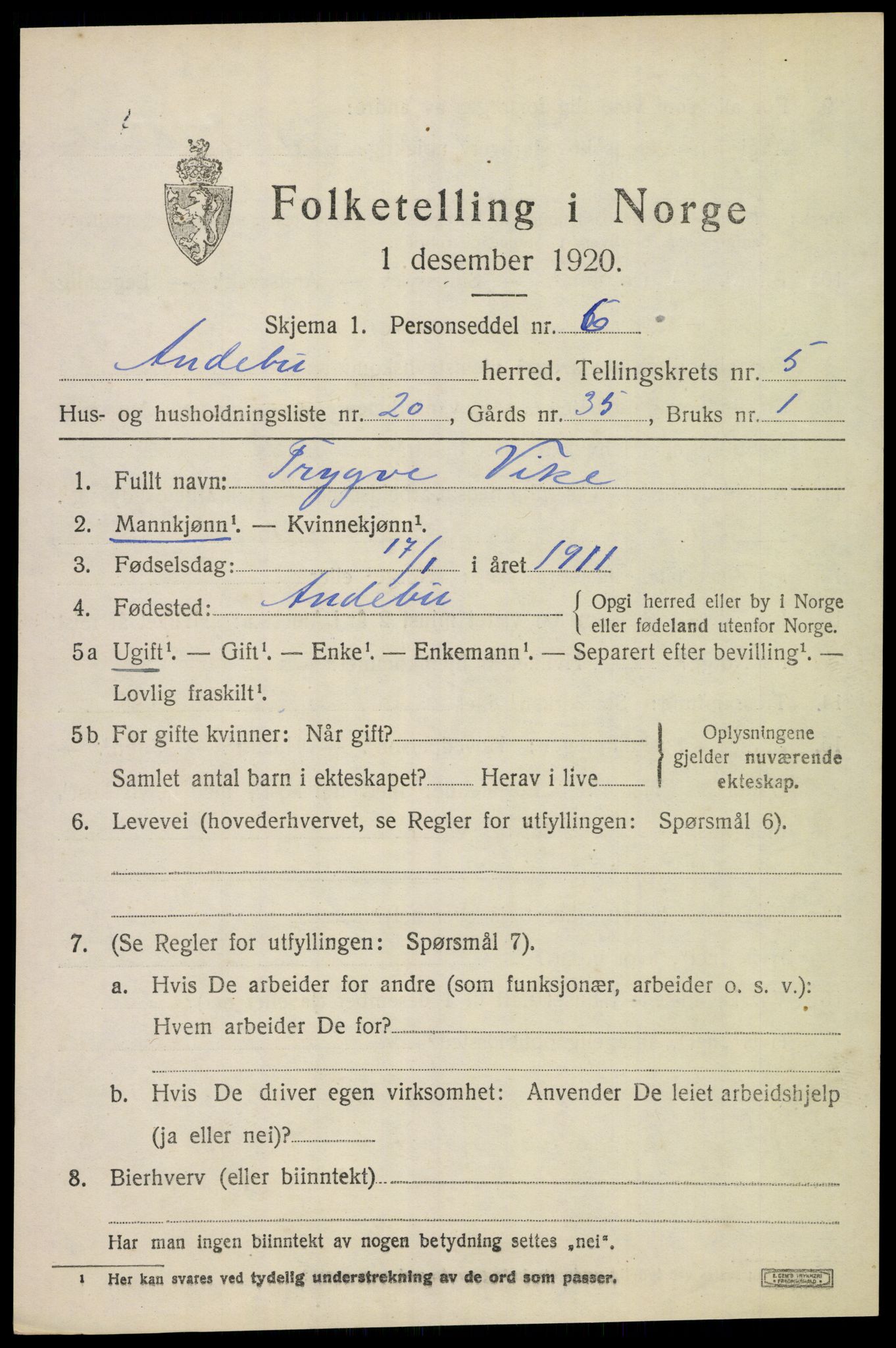 SAKO, 1920 census for Andebu, 1920, p. 2840