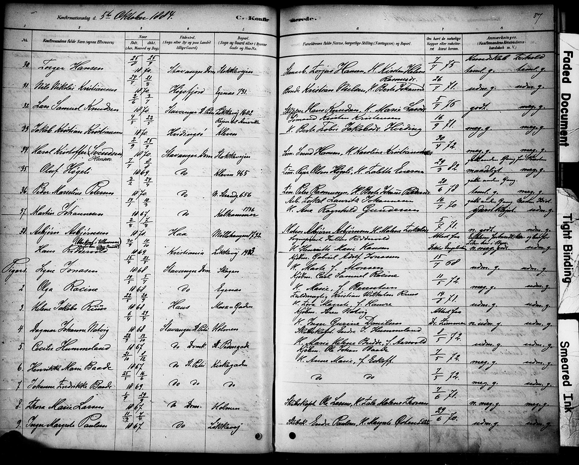 Domkirken sokneprestkontor, SAST/A-101812/001/30/30BA/L0028: Parish register (official) no. A 27, 1878-1896, p. 57