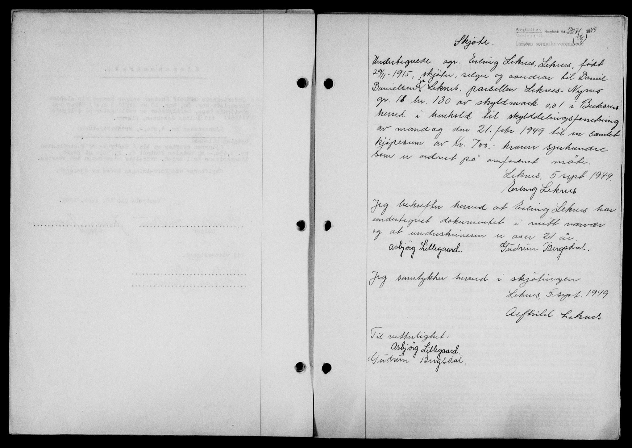 Lofoten sorenskriveri, SAT/A-0017/1/2/2C/L0021a: Mortgage book no. 21a, 1949-1949, Diary no: : 2271/1949