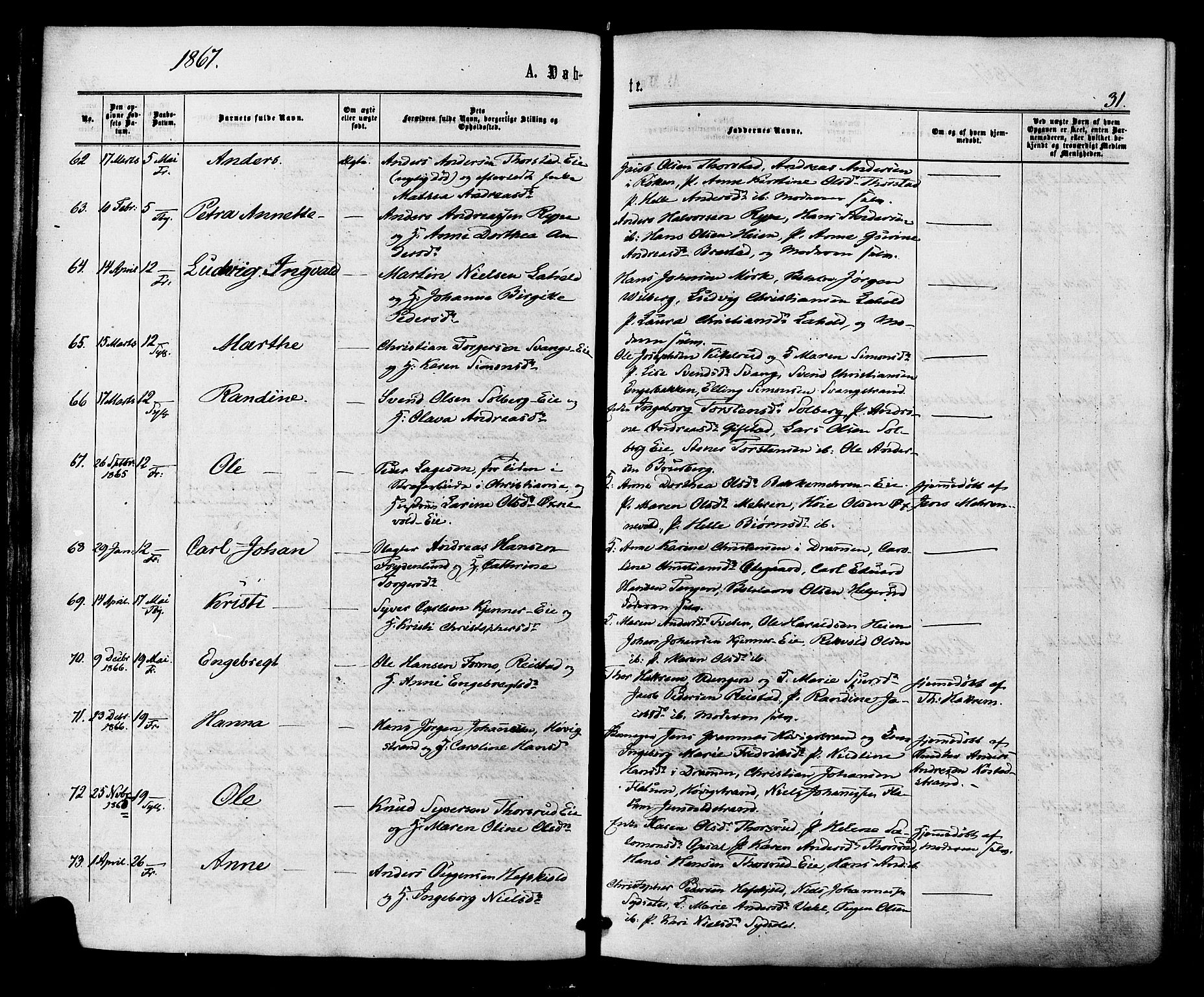 Lier kirkebøker, SAKO/A-230/F/Fa/L0013: Parish register (official) no. I 13, 1865-1874, p. 31