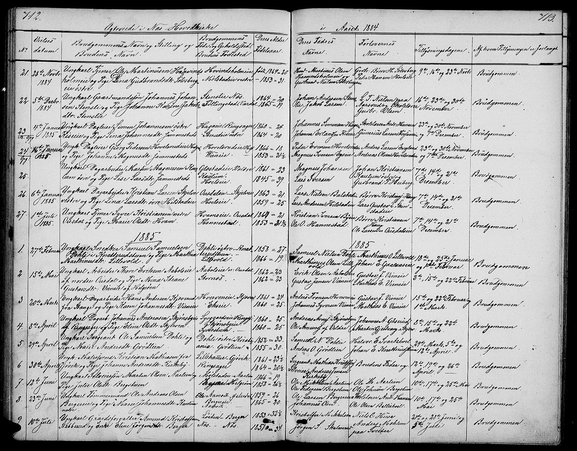 Nes prestekontor, Hedmark, SAH/PREST-020/L/La/L0005: Parish register (copy) no. 5, 1852-1889, p. 712-713