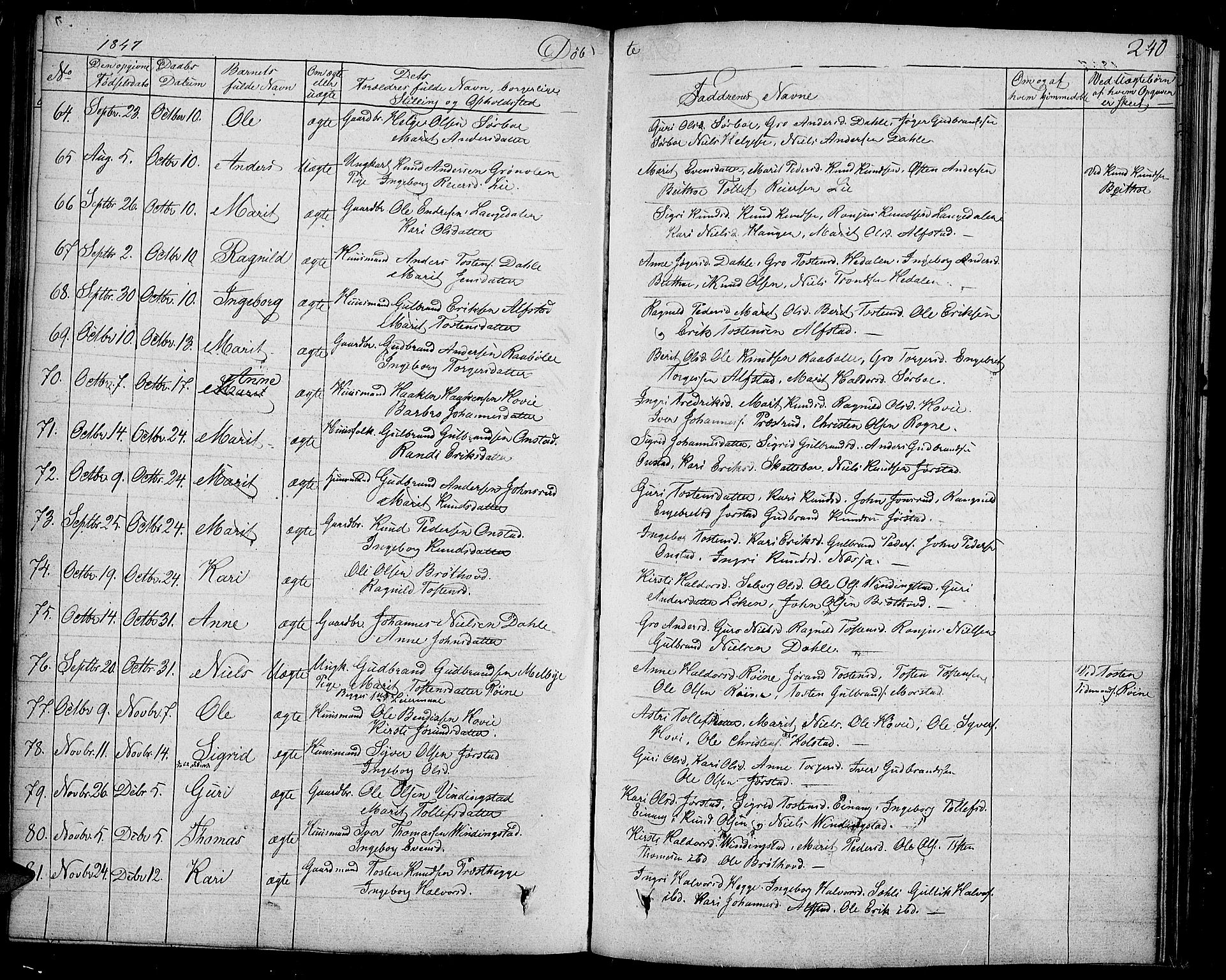 Slidre prestekontor, SAH/PREST-134/H/Ha/Haa/L0004: Parish register (official) no. 4, 1831-1848, p. 240