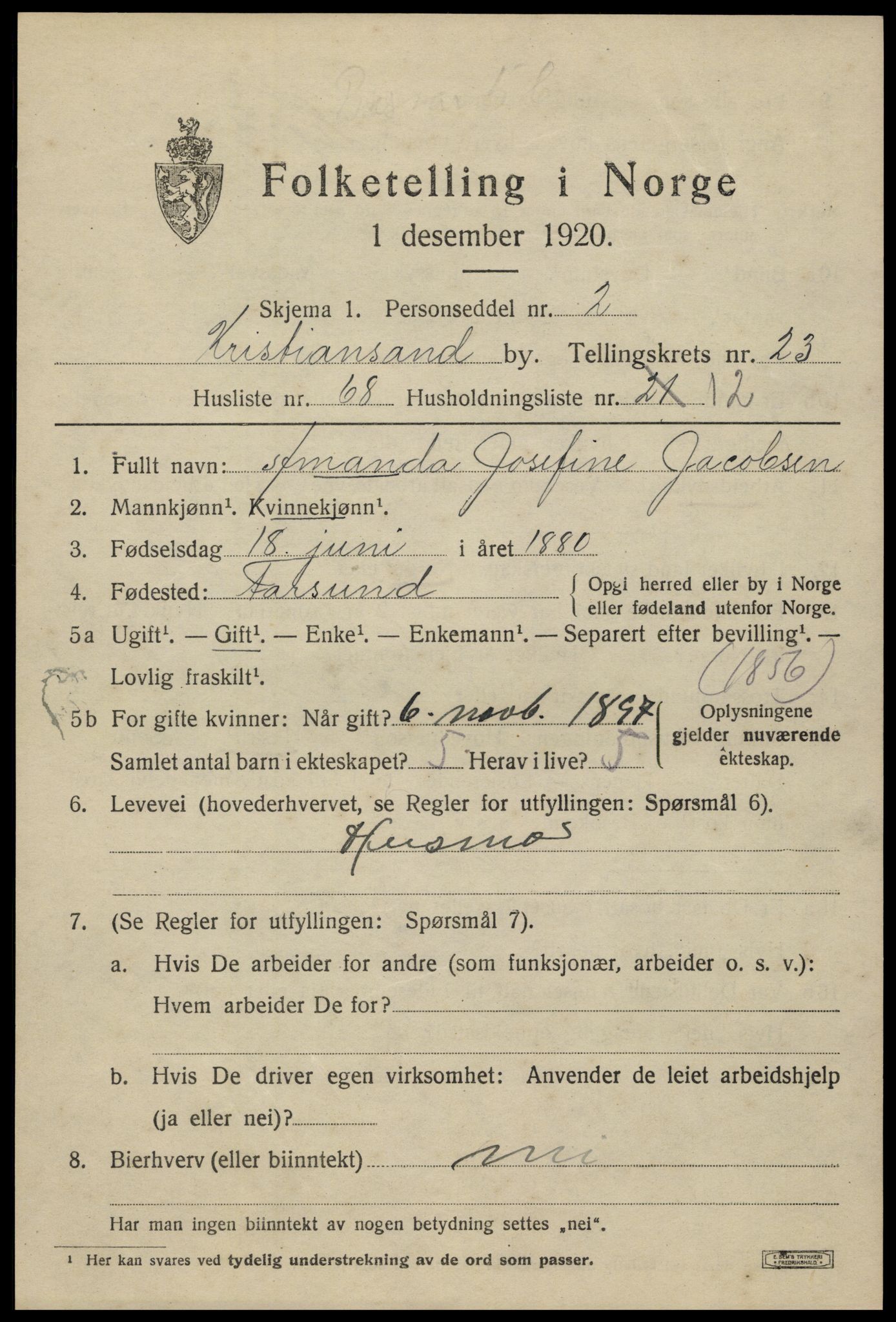 SAK, 1920 census for Kristiansand, 1920, p. 41651