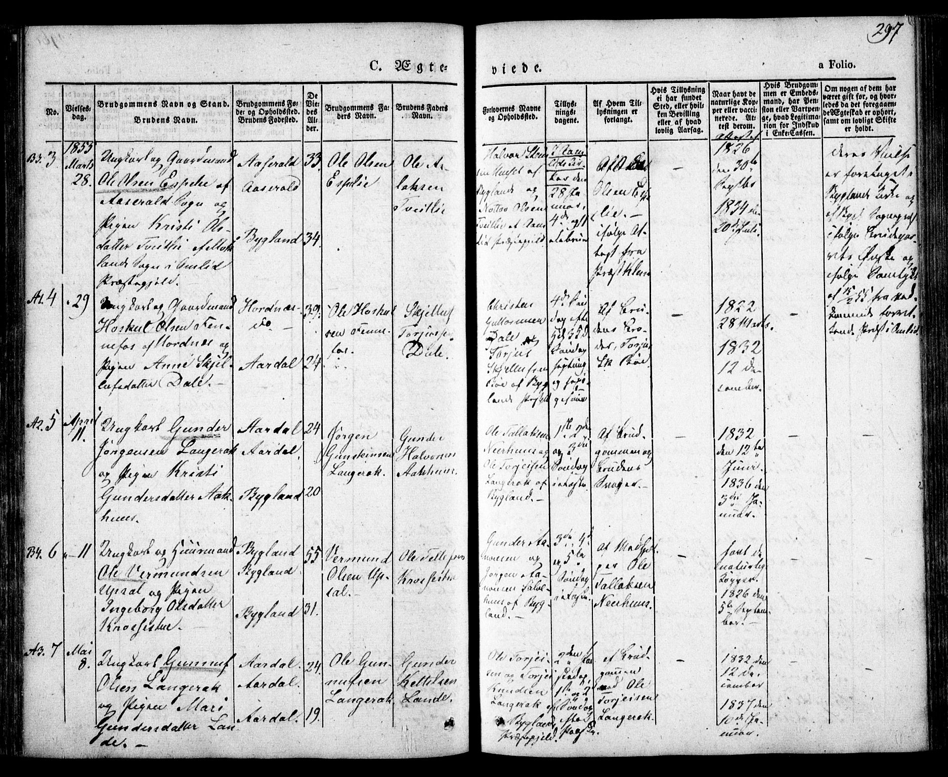 Bygland sokneprestkontor, AV/SAK-1111-0006/F/Fa/Fab/L0004: Parish register (official) no. A 4, 1842-1858, p. 297