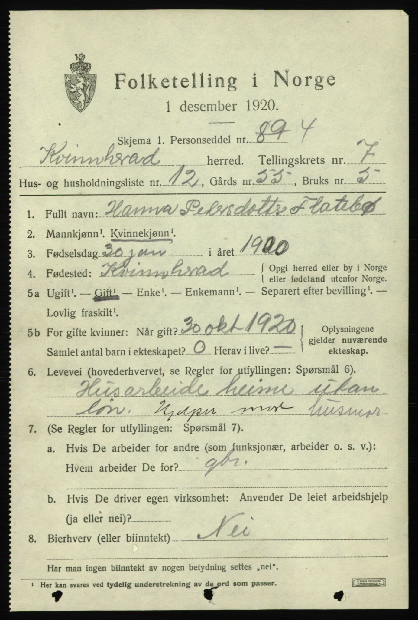 SAB, 1920 census for Kvinnherad, 1920, p. 6572