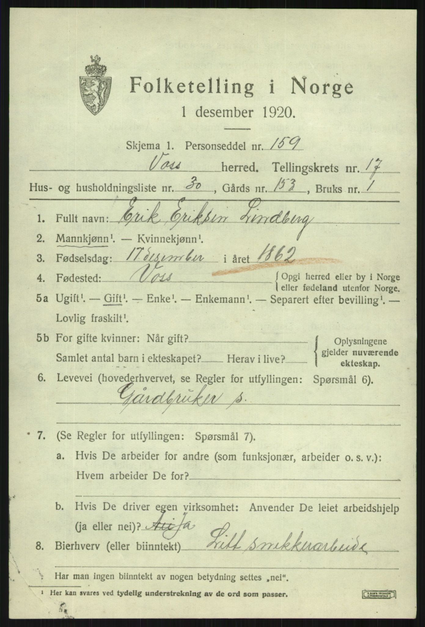 SAB, 1920 census for Voss, 1920, p. 13915