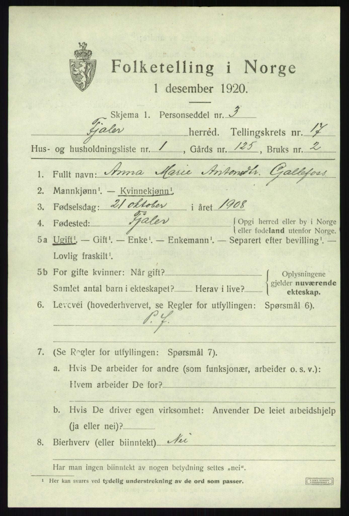 SAB, 1920 census for Fjaler, 1920, p. 8697