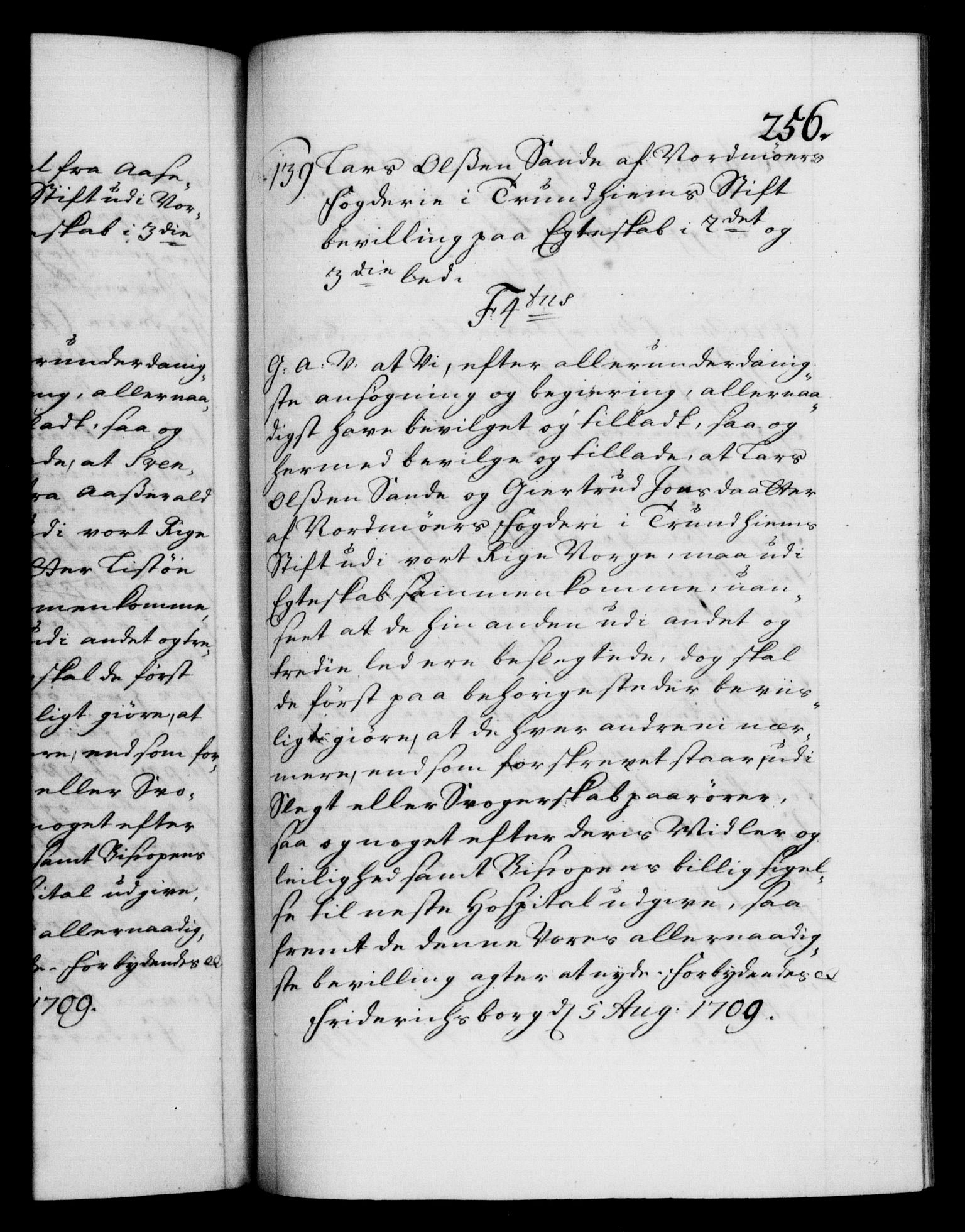 Danske Kanselli 1572-1799, AV/RA-EA-3023/F/Fc/Fca/Fcaa/L0020: Norske registre, 1708-1711, p. 256a