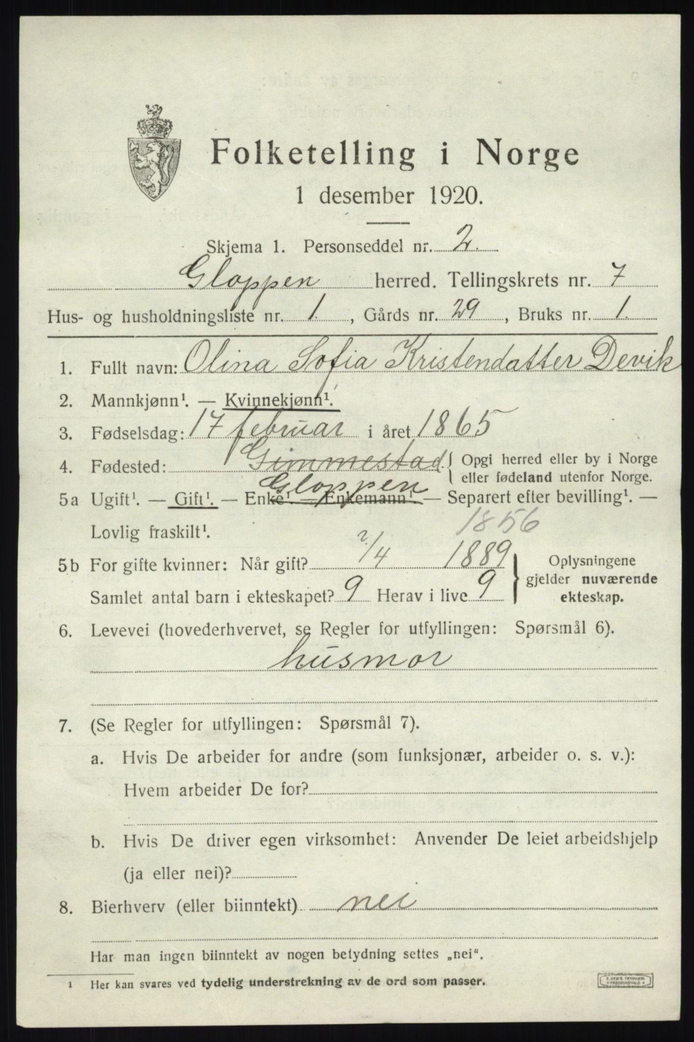 SAB, 1920 census for Gloppen, 1920, p. 4076