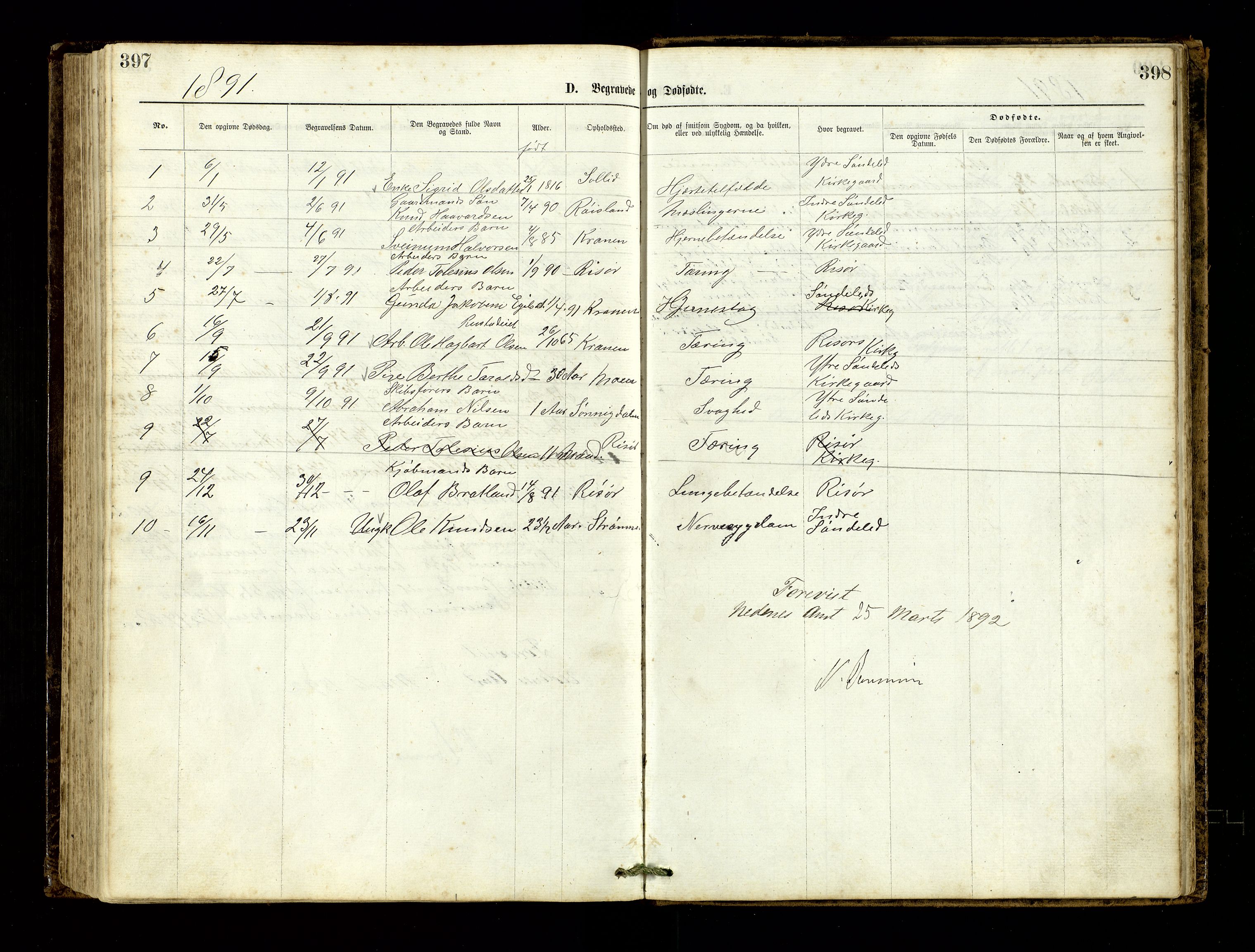 Den evangelisk-lutherske frimenighet, Risør, AV/SAK-1292-0007/F/Fa/L0001: Dissenter register no. F 17, 1877-1892, p. 397-398