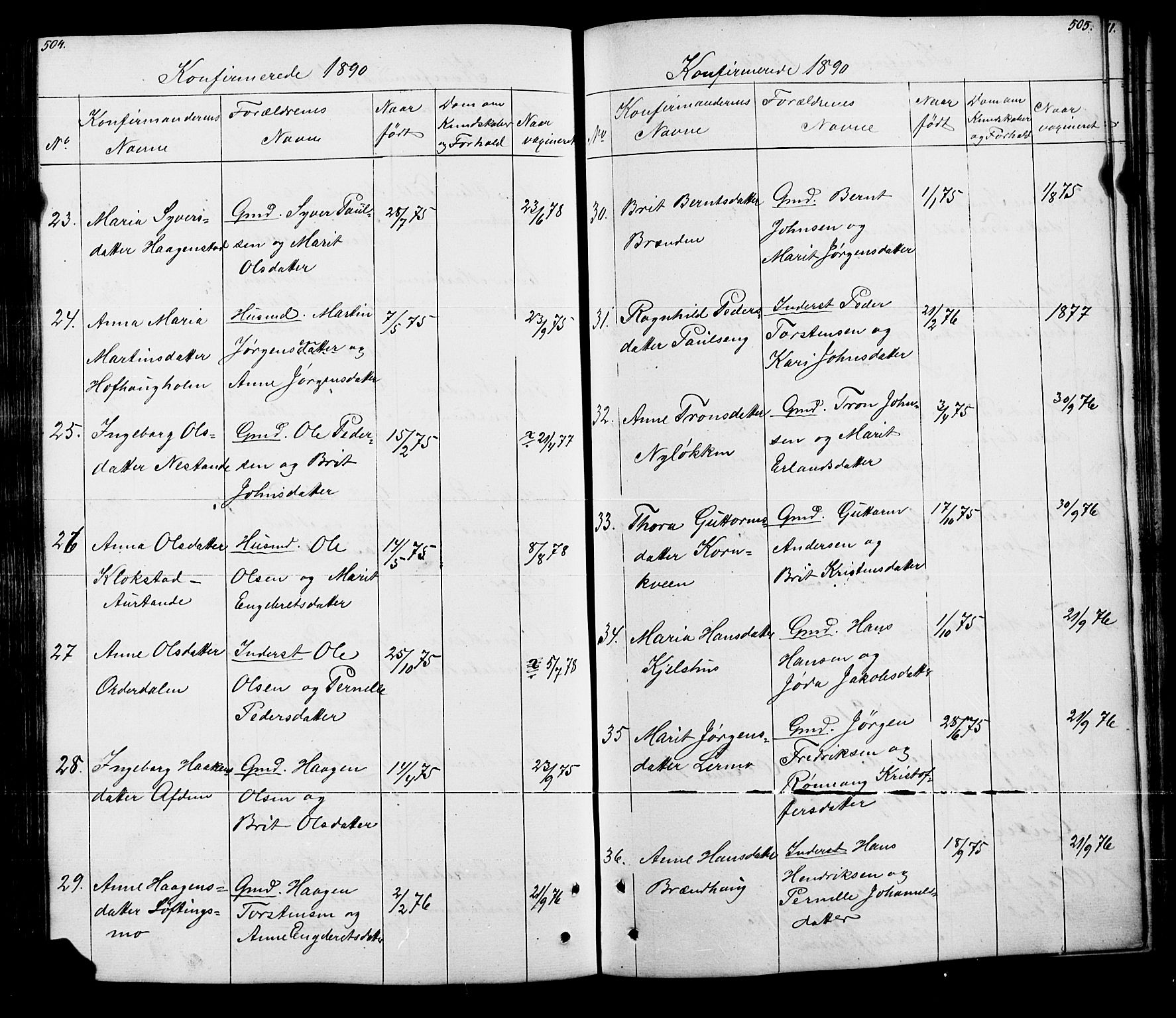 Lesja prestekontor, SAH/PREST-068/H/Ha/Hab/L0005: Parish register (copy) no. 5, 1850-1894, p. 504-505