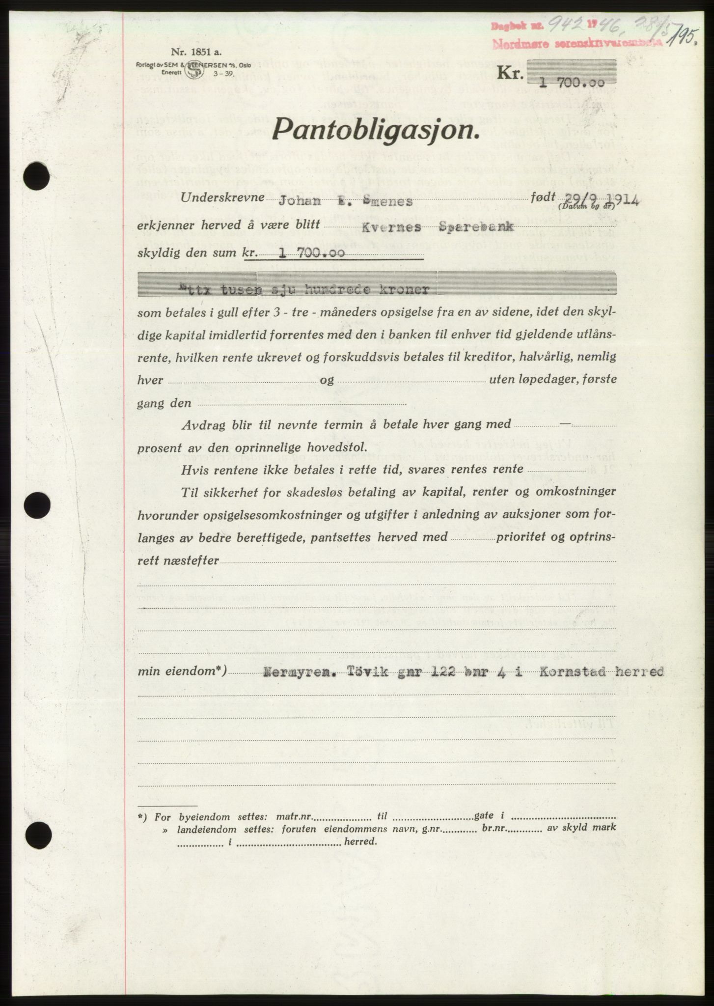 Nordmøre sorenskriveri, AV/SAT-A-4132/1/2/2Ca: Mortgage book no. B94, 1946-1946, Diary no: : 942/1946