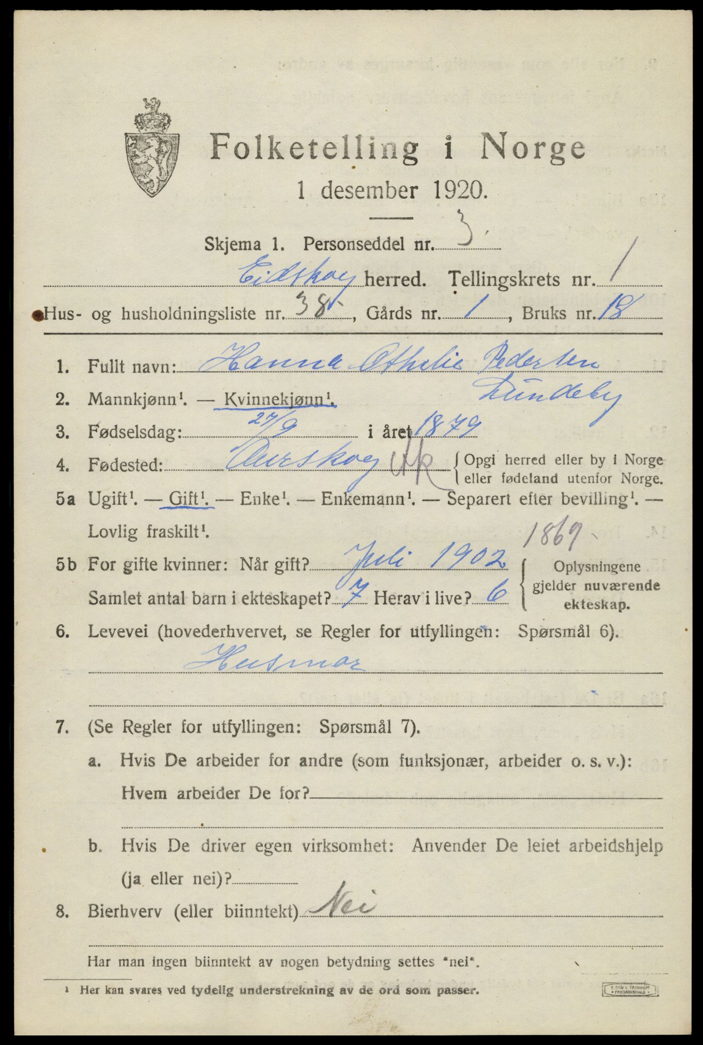 SAH, 1920 census for Eidskog, 1920, p. 2849