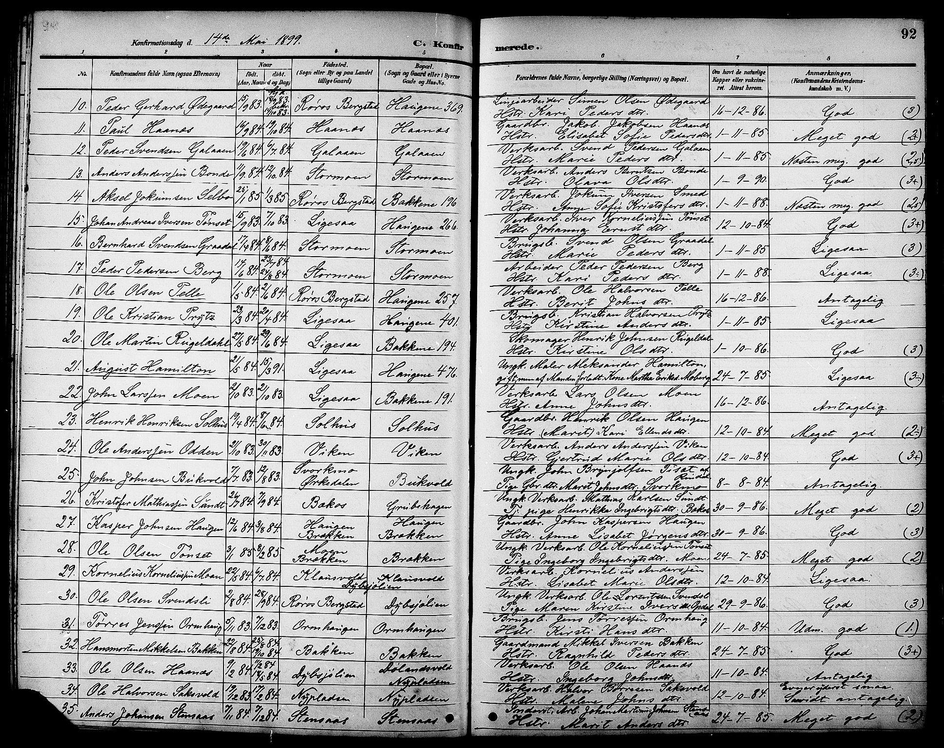 Ministerialprotokoller, klokkerbøker og fødselsregistre - Sør-Trøndelag, SAT/A-1456/681/L0941: Parish register (copy) no. 681C05, 1896-1905, p. 92