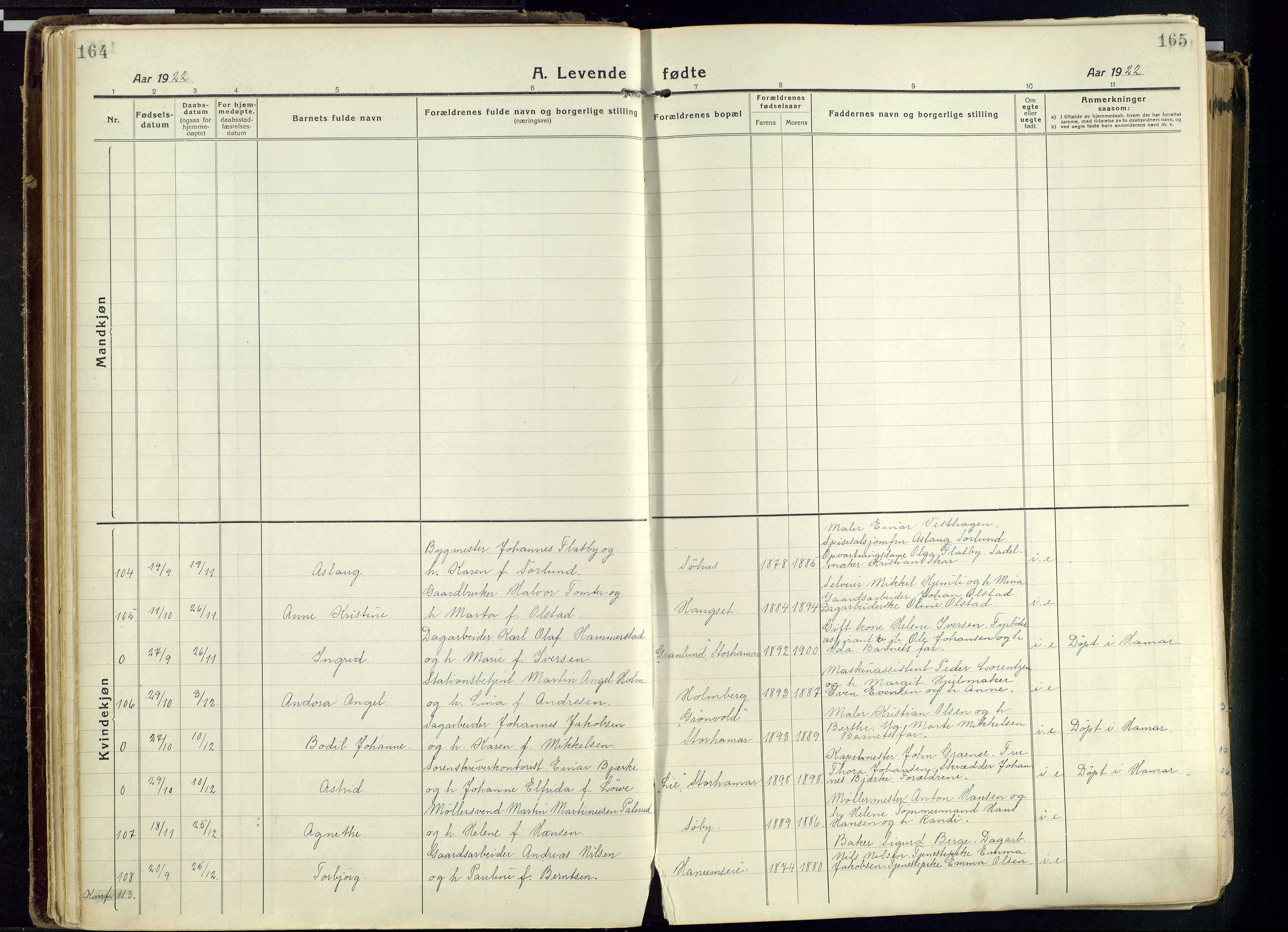 Vang prestekontor, Hedmark, AV/SAH-PREST-008/H/Ha/Haa/L0022: Parish register (official) no. 22, 1918-1944, p. 164-165