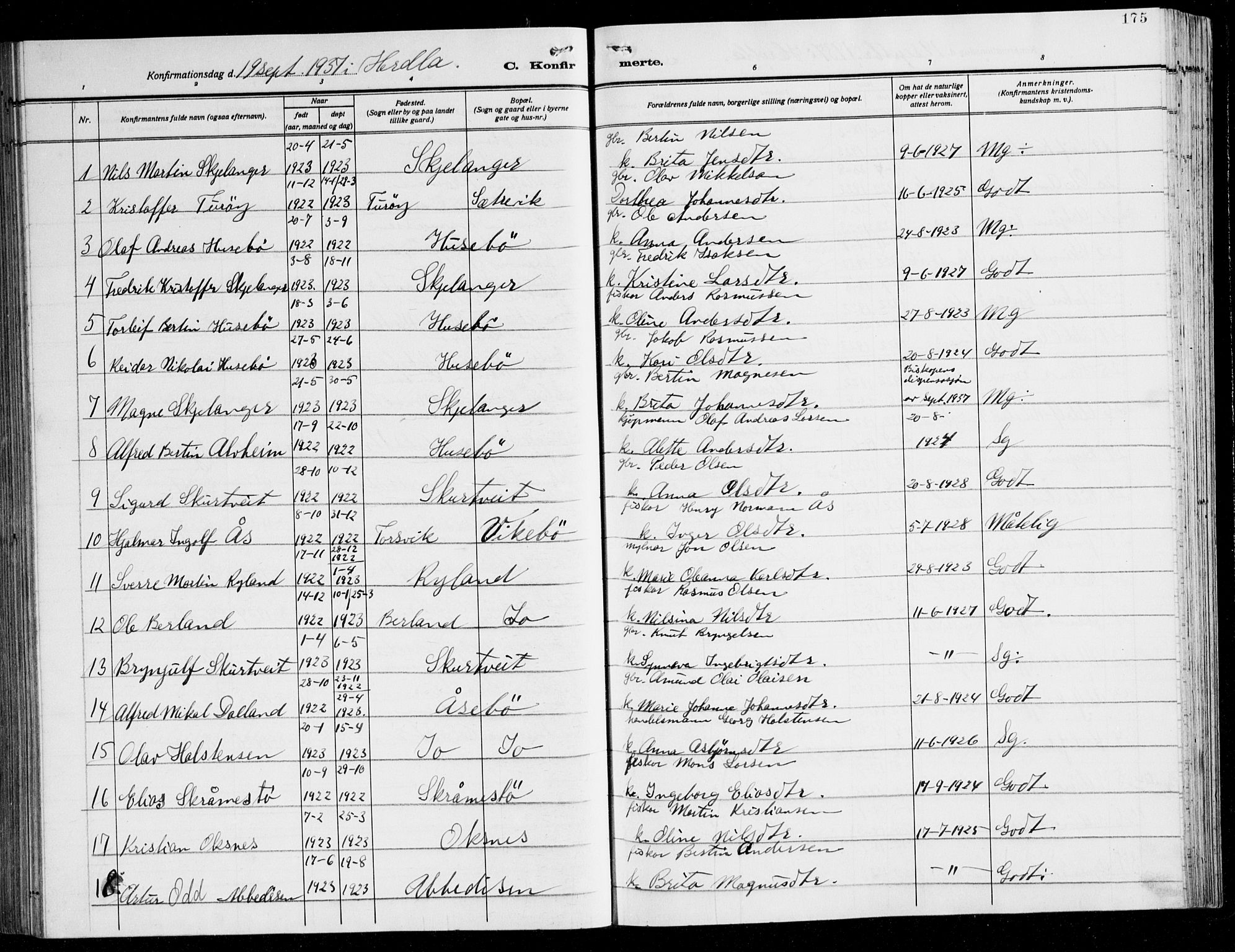 Herdla Sokneprestembete, AV/SAB-A-75701/H/Hab: Parish register (copy) no. C 3, 1926-1940, p. 175