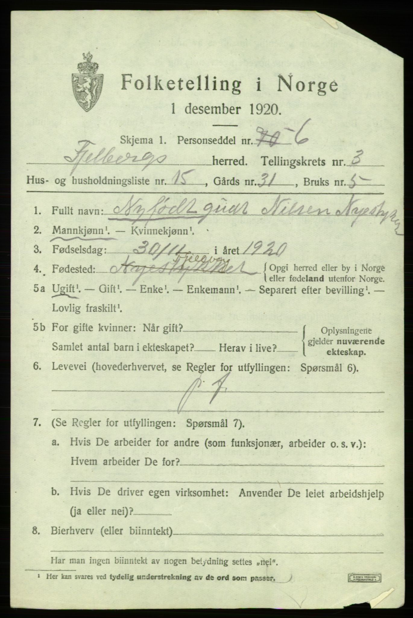 SAB, 1920 census for Fjelberg, 1920, p. 1261