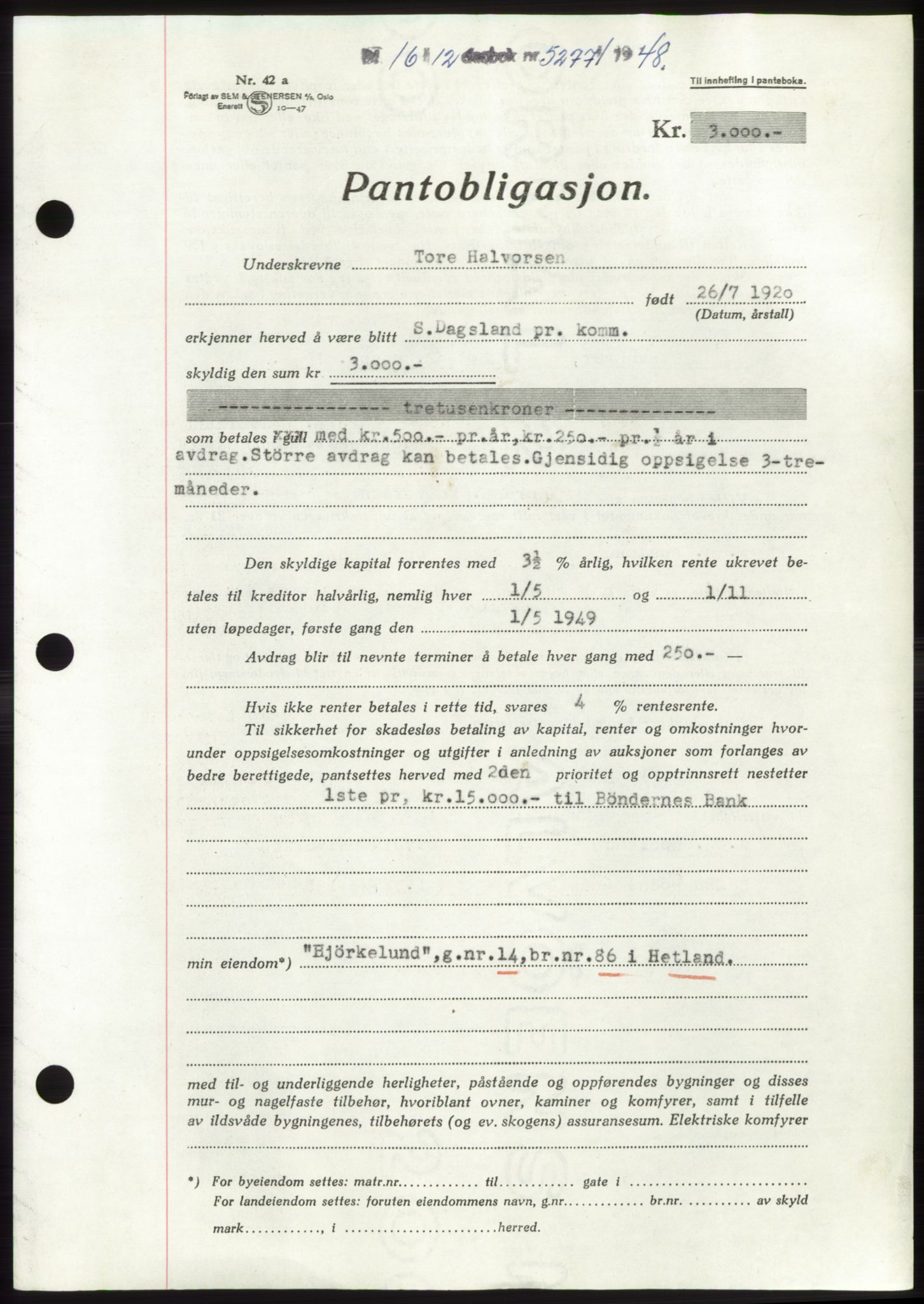 Jæren sorenskriveri, AV/SAST-A-100310/03/G/Gba/L0101: Mortgage book, 1948-1949, Diary no: : 5277/1948