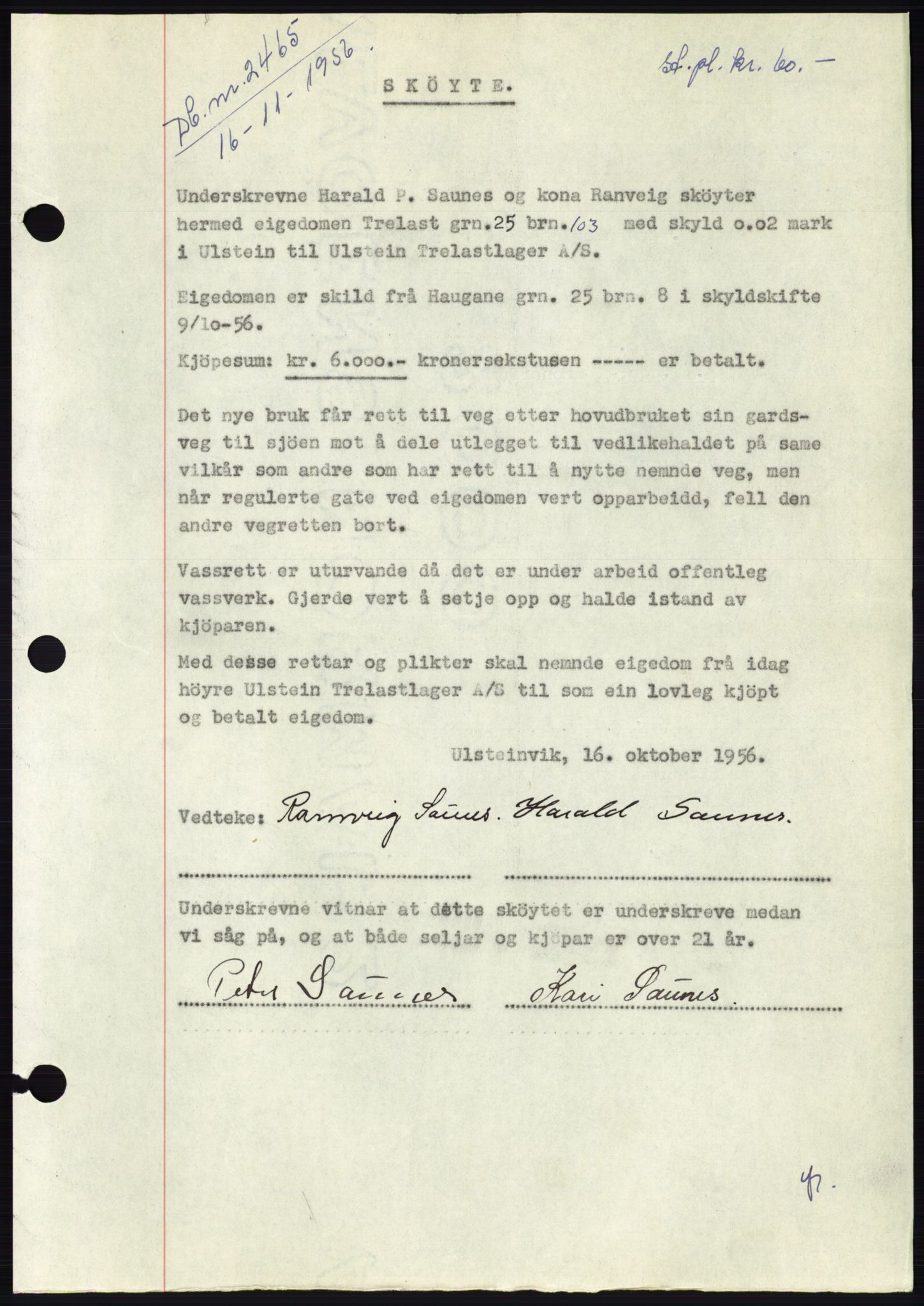 Søre Sunnmøre sorenskriveri, AV/SAT-A-4122/1/2/2C/L0105: Mortgage book no. 31A, 1956-1957, Diary no: : 2465/1956