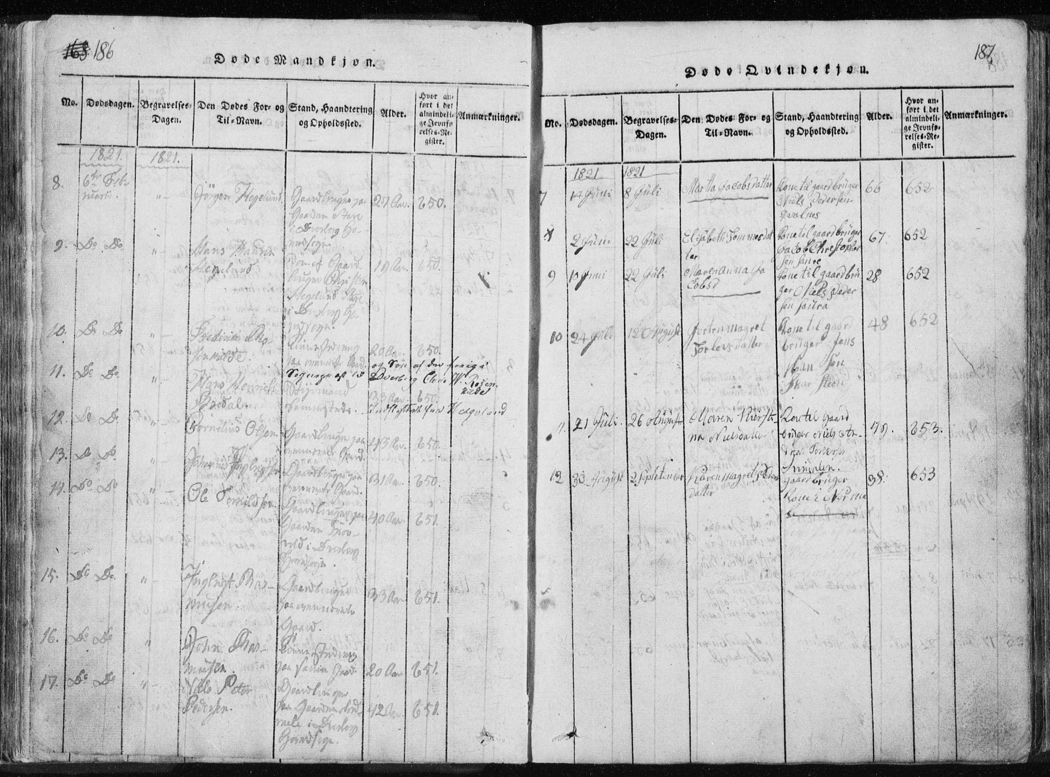 Ministerialprotokoller, klokkerbøker og fødselsregistre - Nordland, AV/SAT-A-1459/897/L1411: Parish register (copy) no. 897C01, 1820-1866, p. 186-187