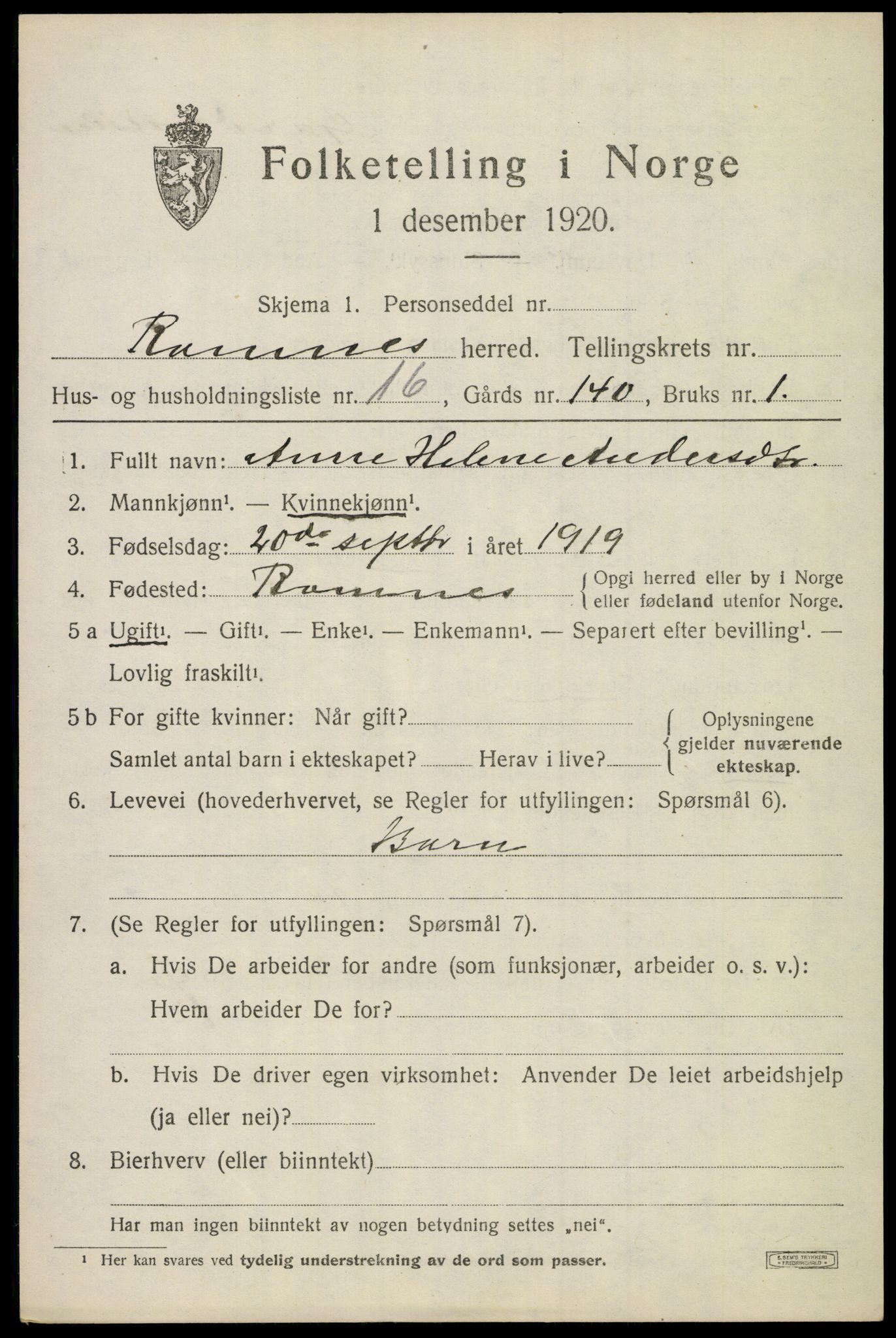 SAKO, 1920 census for Ramnes, 1920, p. 6342