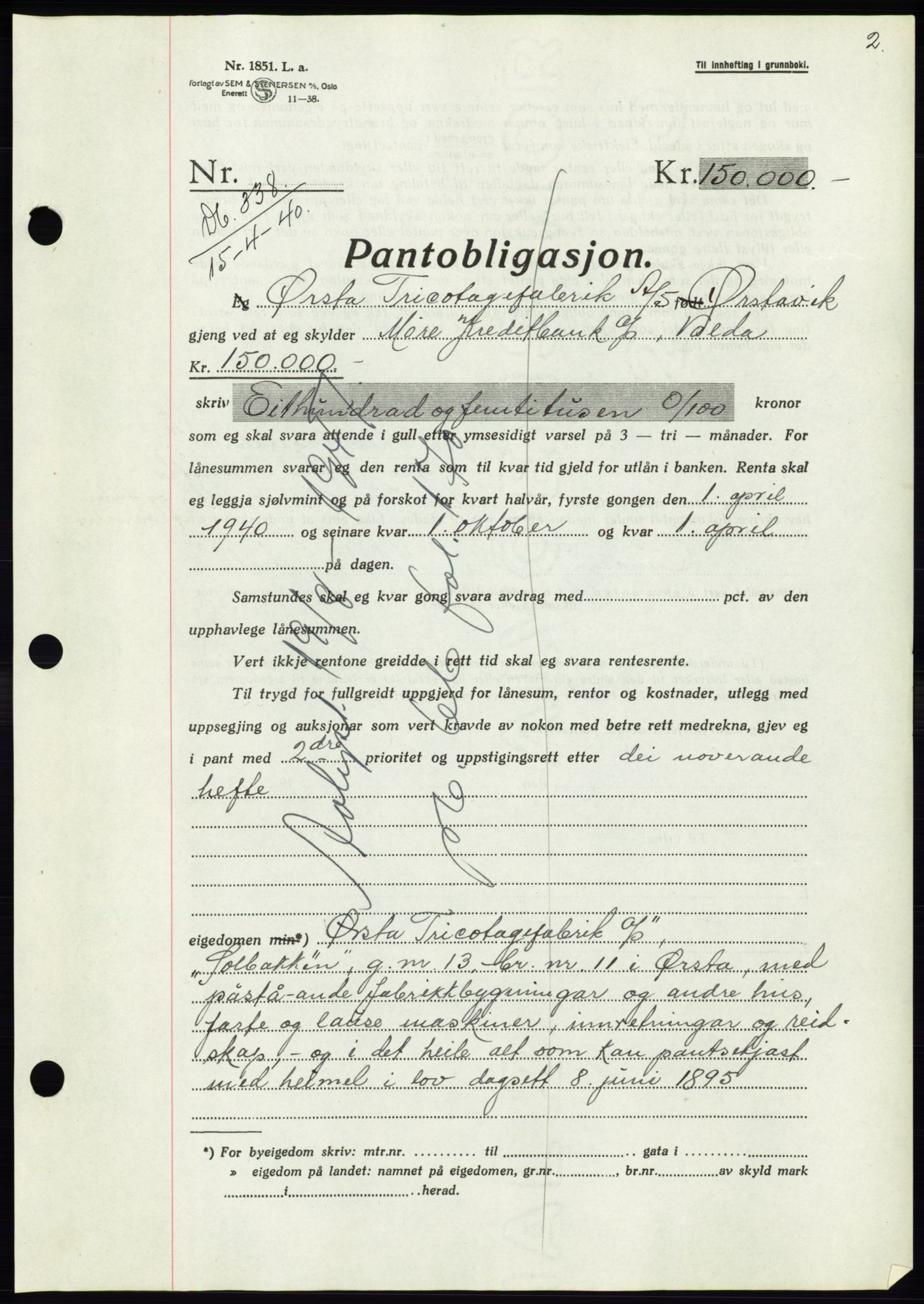 Søre Sunnmøre sorenskriveri, AV/SAT-A-4122/1/2/2C/L0070: Mortgage book no. 64, 1940-1941, Diary no: : 338/1940