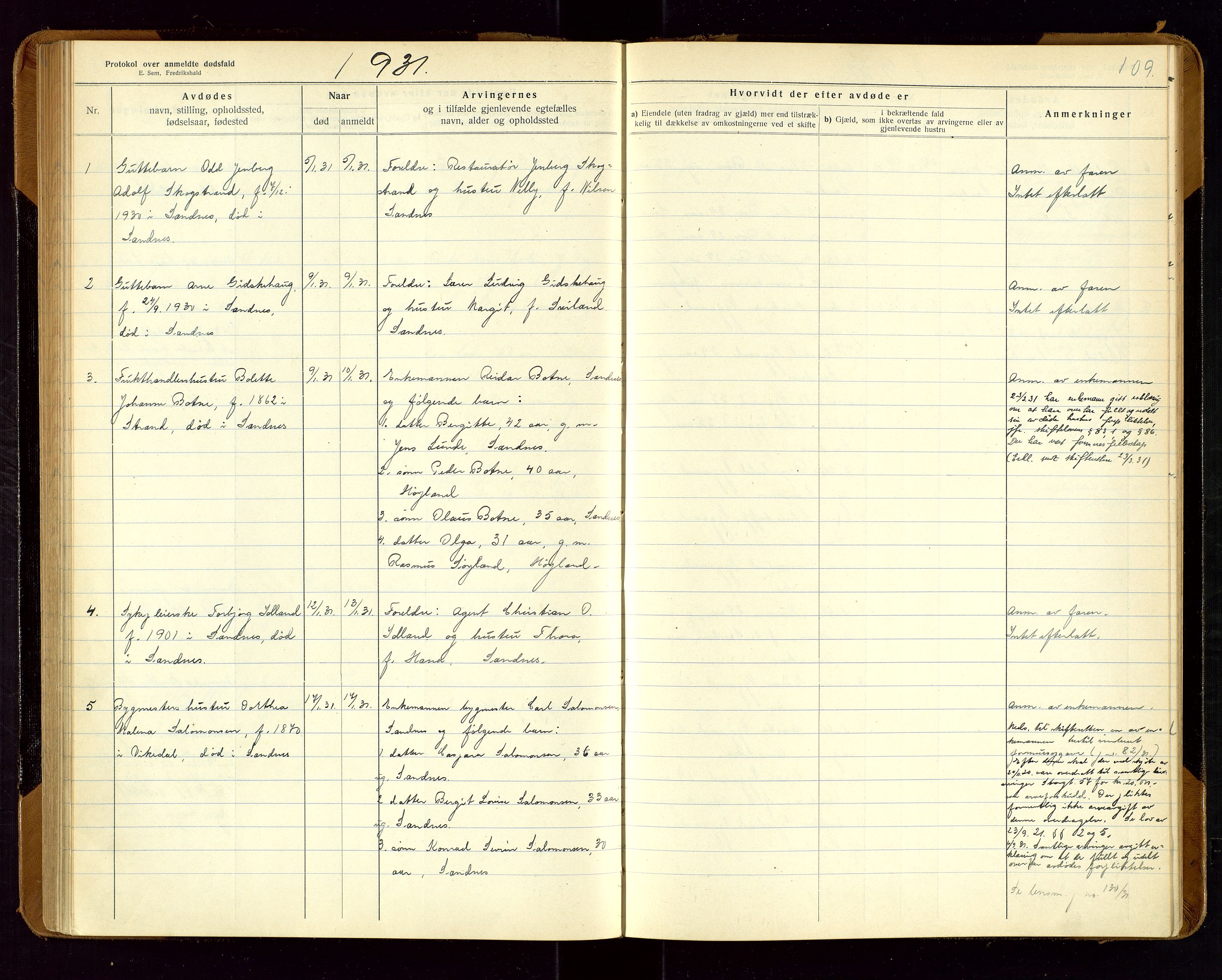 Sandnes lensmannskontor, SAST/A-100167/Gga/L0001: "Protokol over anmeldte dødsfald" m/register, 1918-1940, p. 109