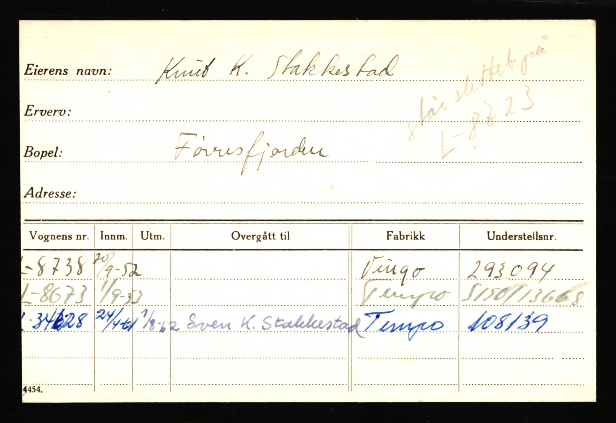 Haugesund trafikkstasjon, AV/SAST-A-101941/0/G/Ga/L0021: Eierkort, gamle - ST-ST, 1930-1970, p. 1