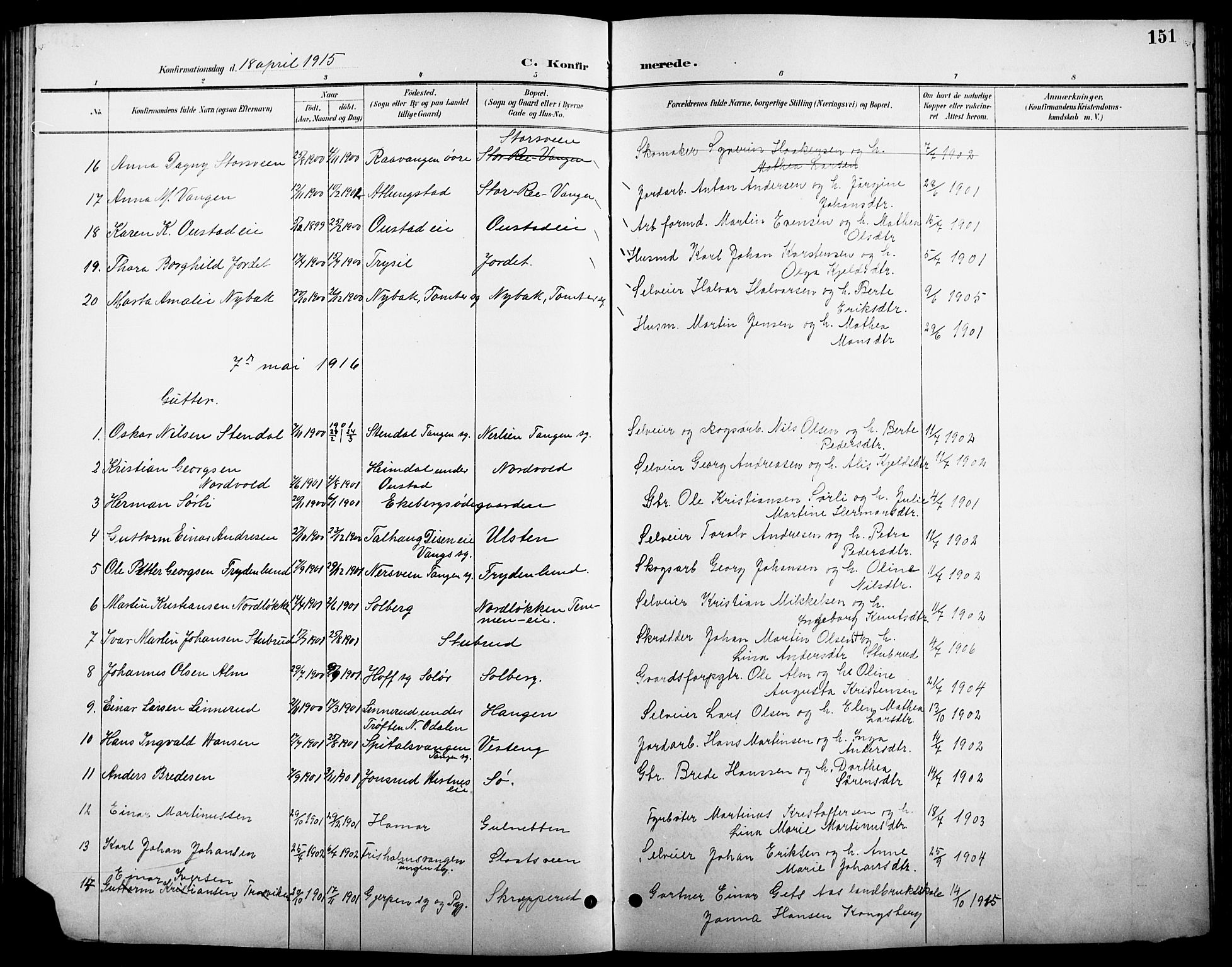 Stange prestekontor, AV/SAH-PREST-002/L/L0011: Parish register (copy) no. 11, 1895-1917, p. 151