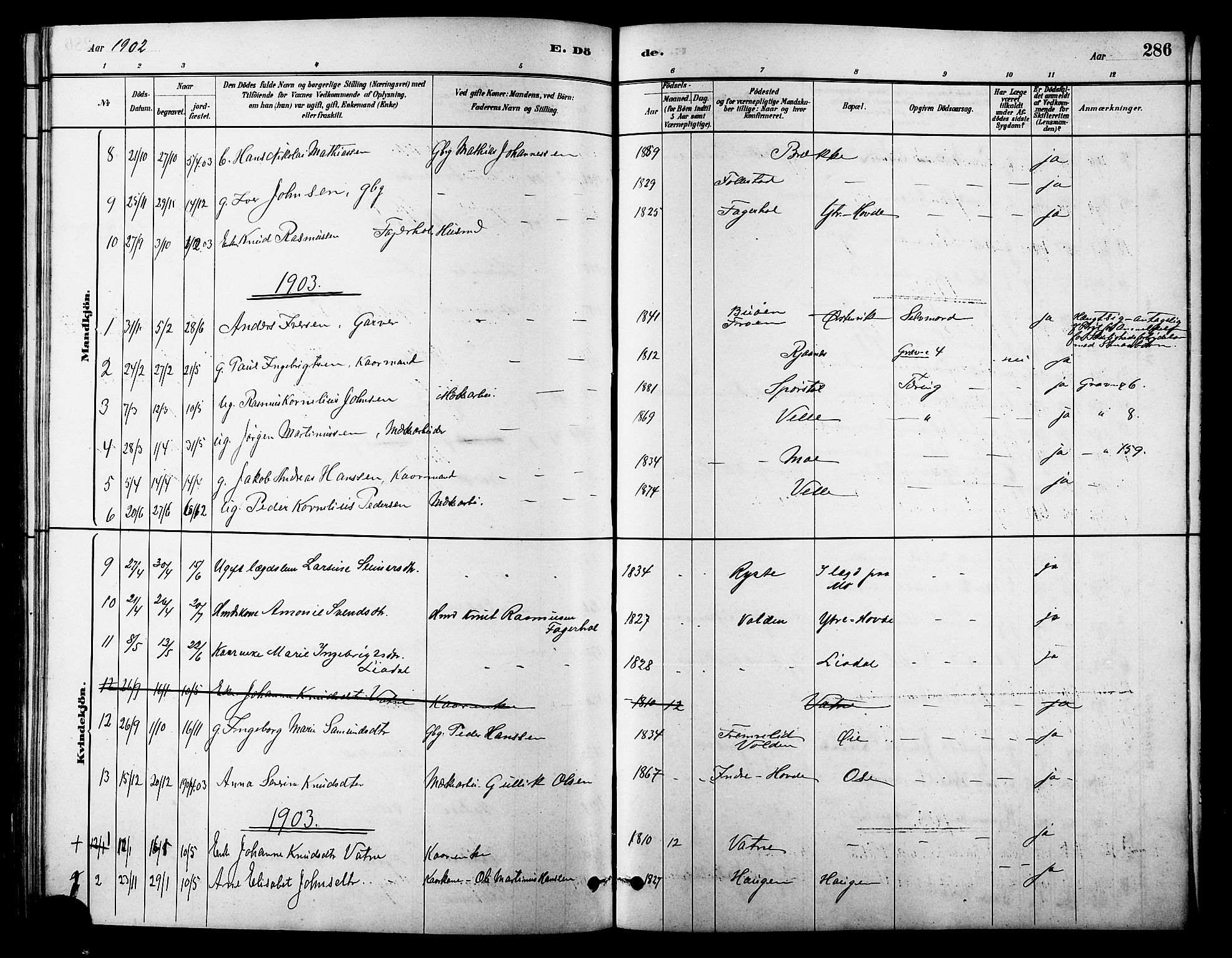 Ministerialprotokoller, klokkerbøker og fødselsregistre - Møre og Romsdal, SAT/A-1454/513/L0189: Parish register (copy) no. 513C03, 1883-1904, p. 286