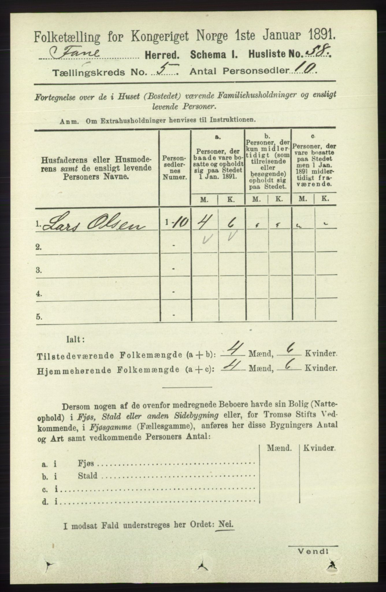 RA, 1891 census for 1249 Fana, 1891, p. 2037