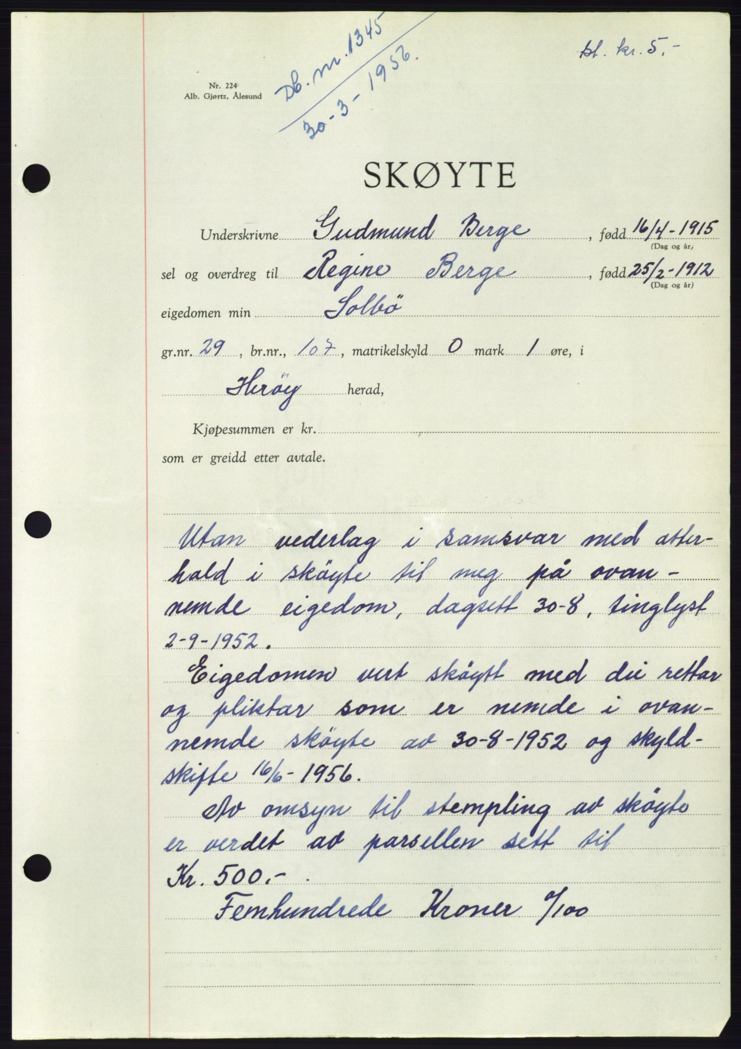 Søre Sunnmøre sorenskriveri, AV/SAT-A-4122/1/2/2C/L0104: Mortgage book no. 30A, 1956-1956, Diary no: : 1345/1956