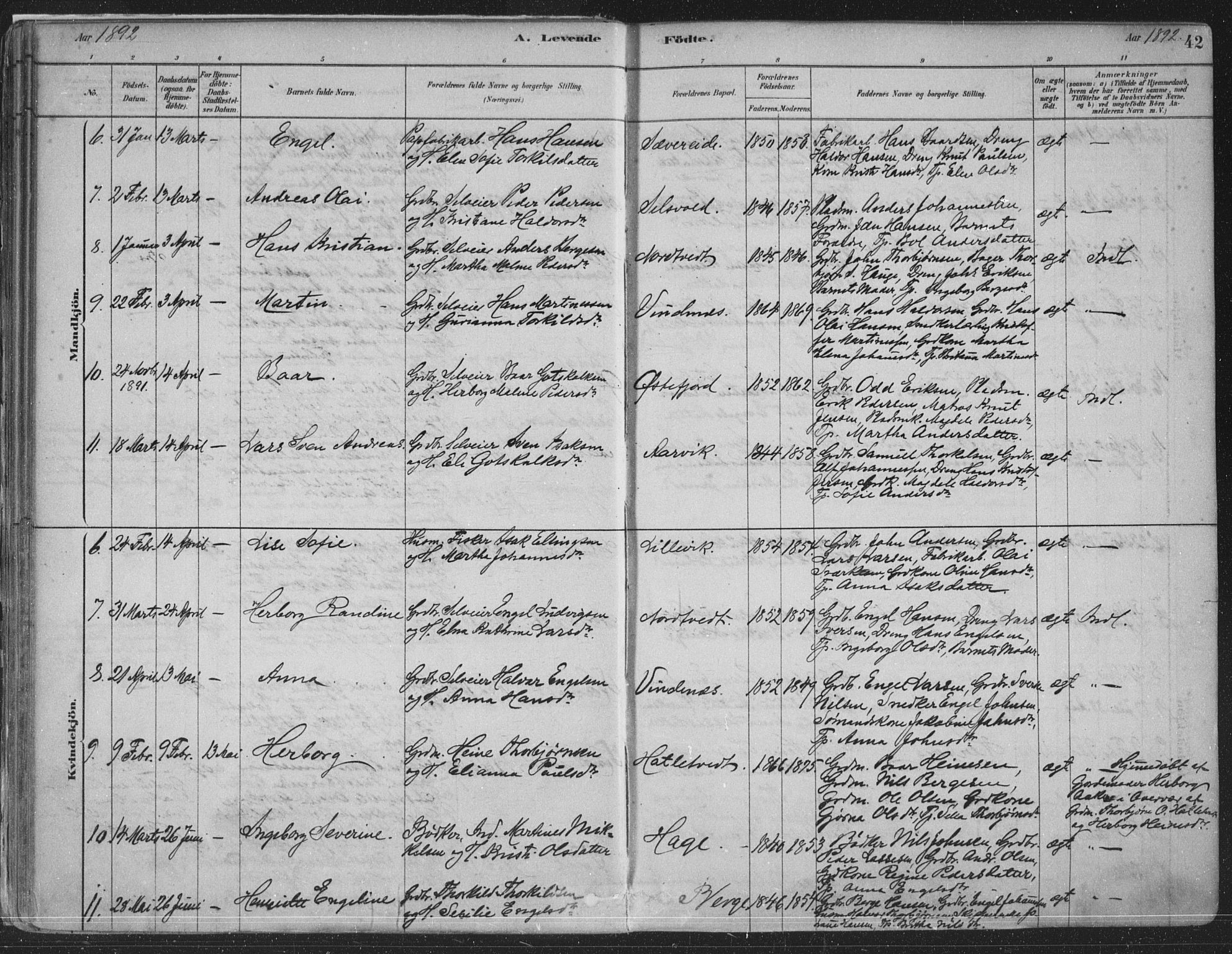 Fusa sokneprestembete, SAB/A-75401/H/Haa: Parish register (official) no. D 1, 1880-1938, p. 42