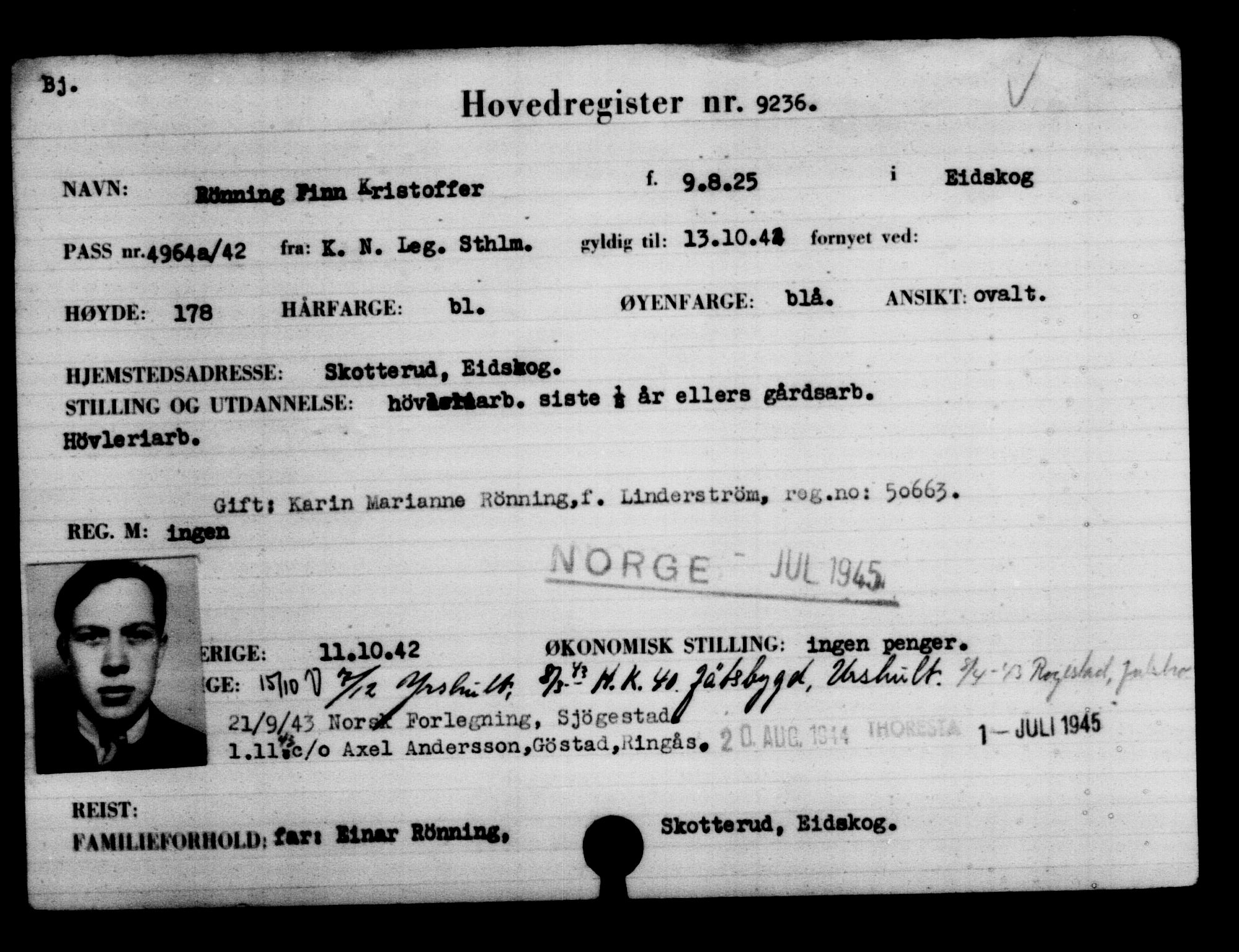 Utenriksstasjonene, Legasjonen i Stockholm, Flyktningkontoret, AV/RA-S-6753/V/Va/L0005: Kjesäterkartoteket, flyktninger med registreringsnr. 6600-9417, 1940-1945, p. 3112