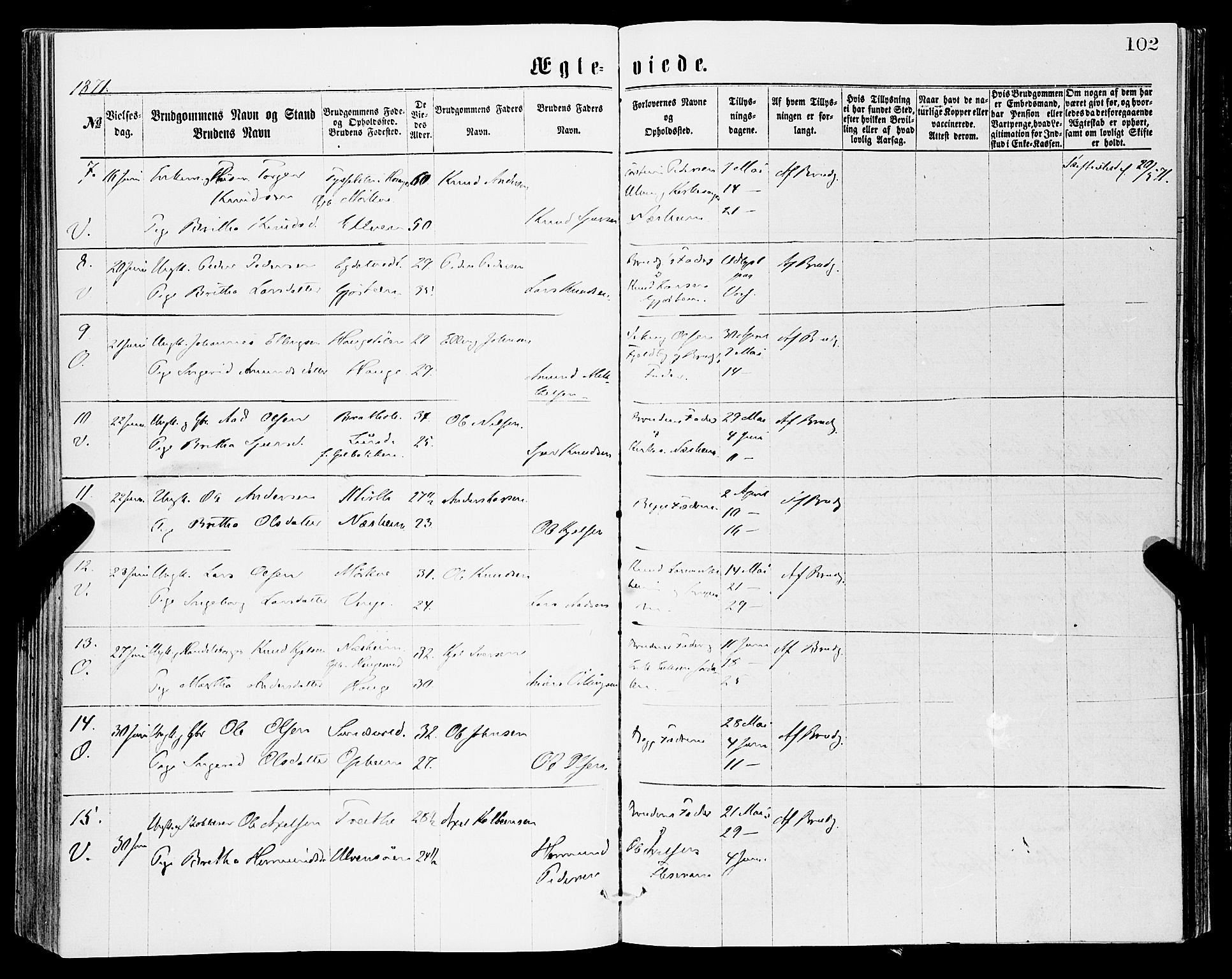 Vossestrand Sokneprestembete, AV/SAB-A-79101/H/Haa: Parish register (official) no. A 1, 1866-1877, p. 102