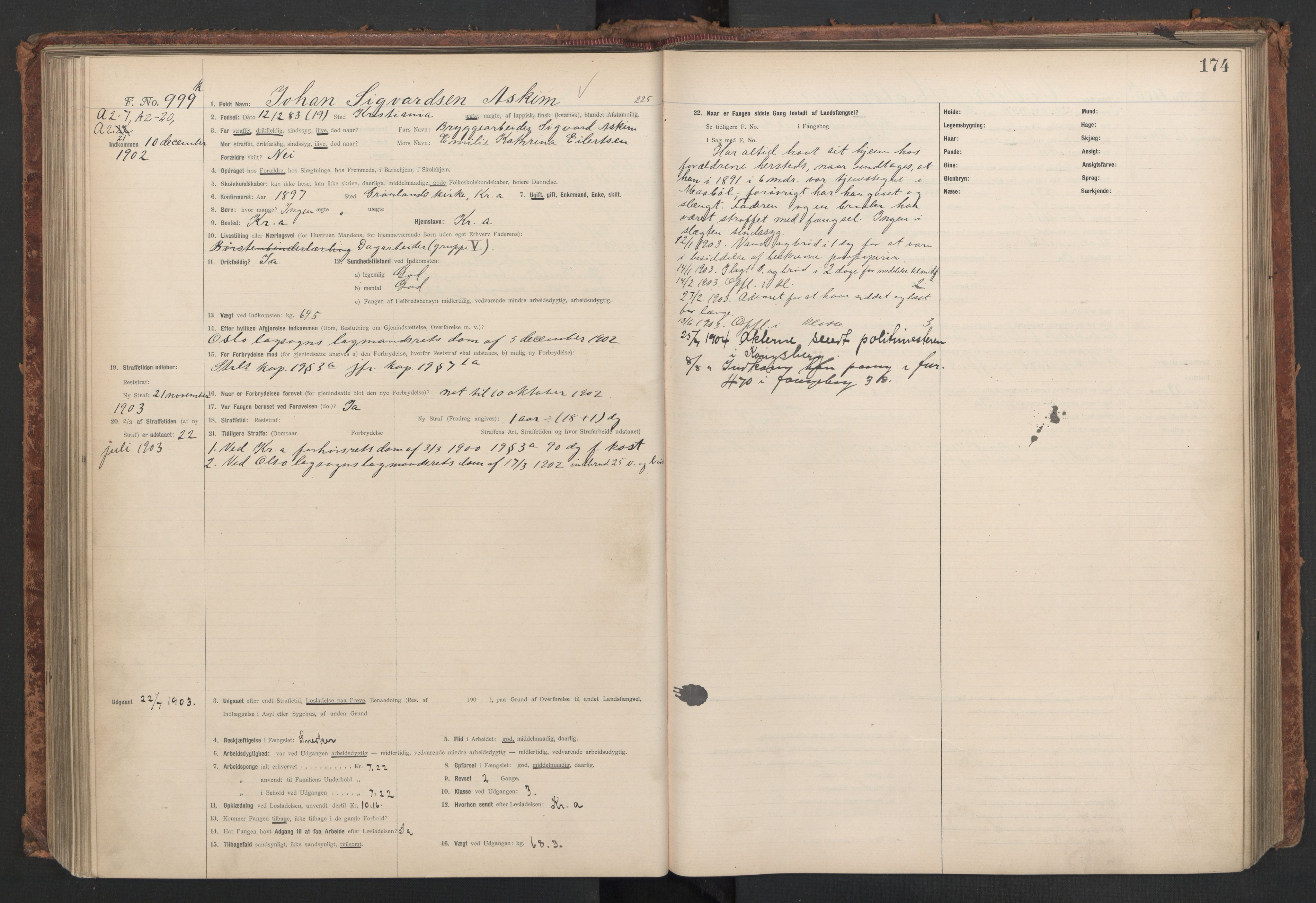 Botsfengslet, AV/RA-S-1539/D/Db/Dbb/L0037: 826k - 177l, 1902-1903, p. 174